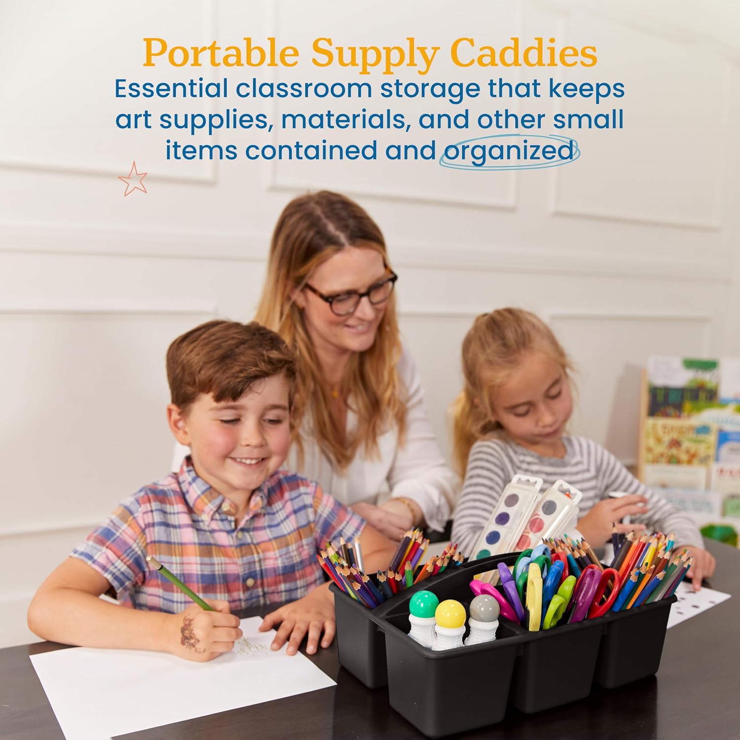 ECR4Kids 6-Compartment Large Plastic Caddy, Multipurpose Organization, Black, 6-Pack