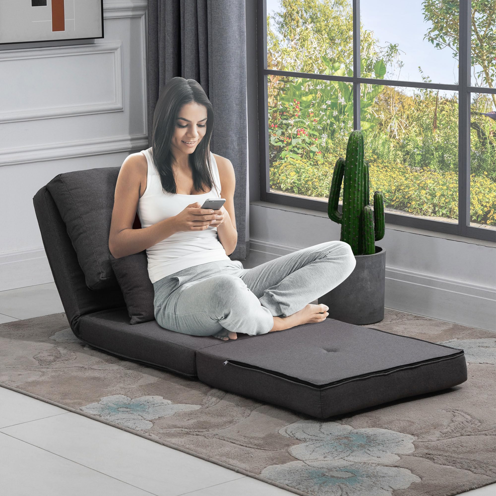 Silla abatible convertible, sofá perezoso de suelo, sofá cama tapizado plegable con respaldo ajustable, marco de metal y almohadas para sala de estar, dormitorio, gris oscuro 2