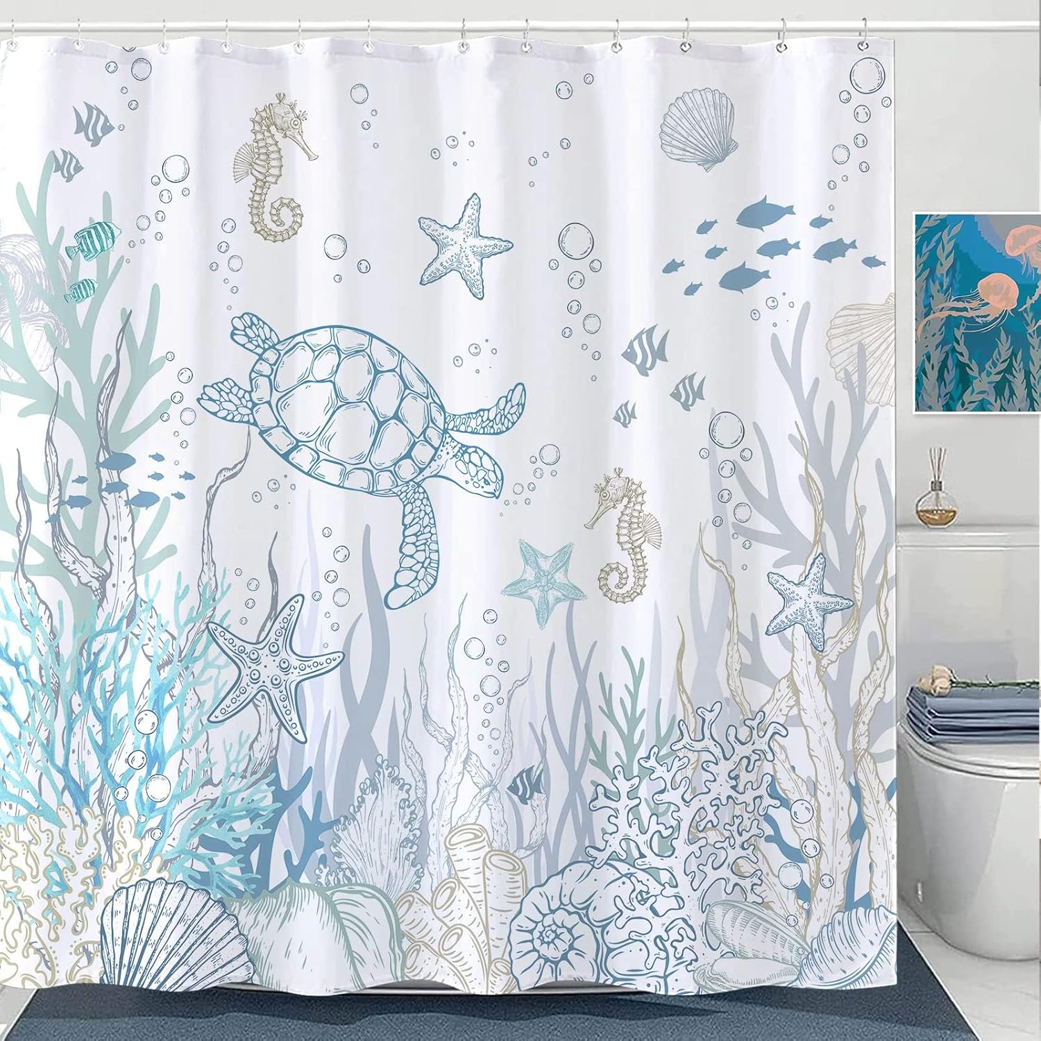 Nautical Coastal Turtle Shower Curtain, Coral Starfish Seashell Ocean Themed Bathroom Curtain, Underwater Seahorse Bathroom Decor Blue 72 x 72 inch - Image 8