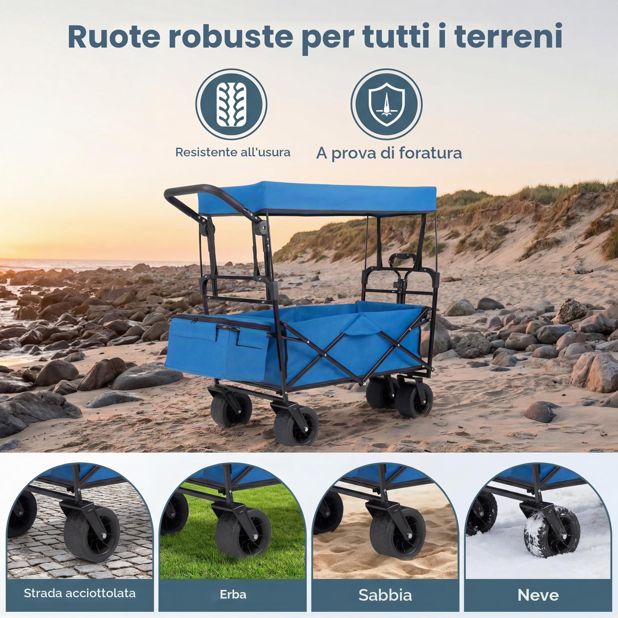SOARS Carrello Spiaggia Pieghevole con Tetto, Carrello da Trasporto con Ruote Grandi e Borsa Portatutto, Carrello da Campeggio e Giardino, in Acciao Resistente, Chiusura Rapida, 100 KG, 100L (Blu)