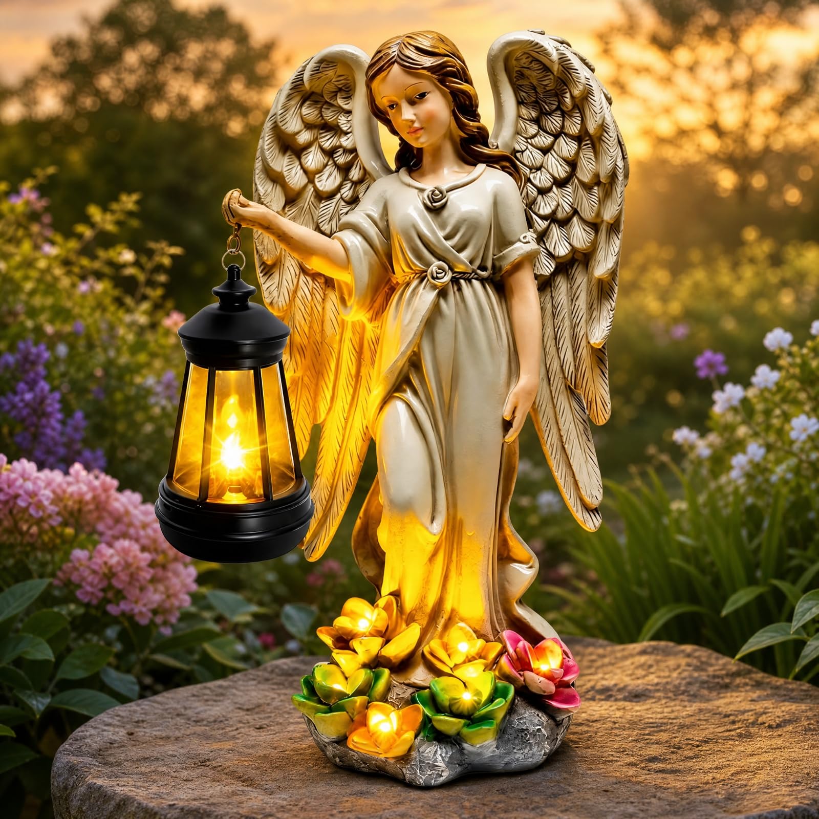 predolo Statua Cherubino con Lanterna Luminosa Statua da Giardino con Resina Figurina Solare da Esterno per Terrazza, Ingresso