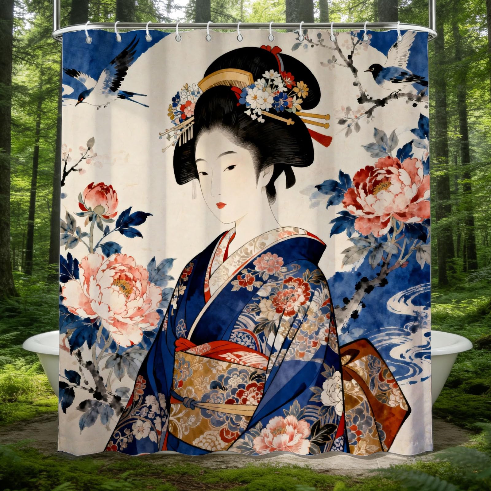 Hongduo 3D Japanese Character Shower Curtain for Stalls Bathtubs Ethnic Exotic Bathroom Decor Shower Curtain Set Polyester Fabric Waterproof 180x200cm/71X79 Inch with Hooks