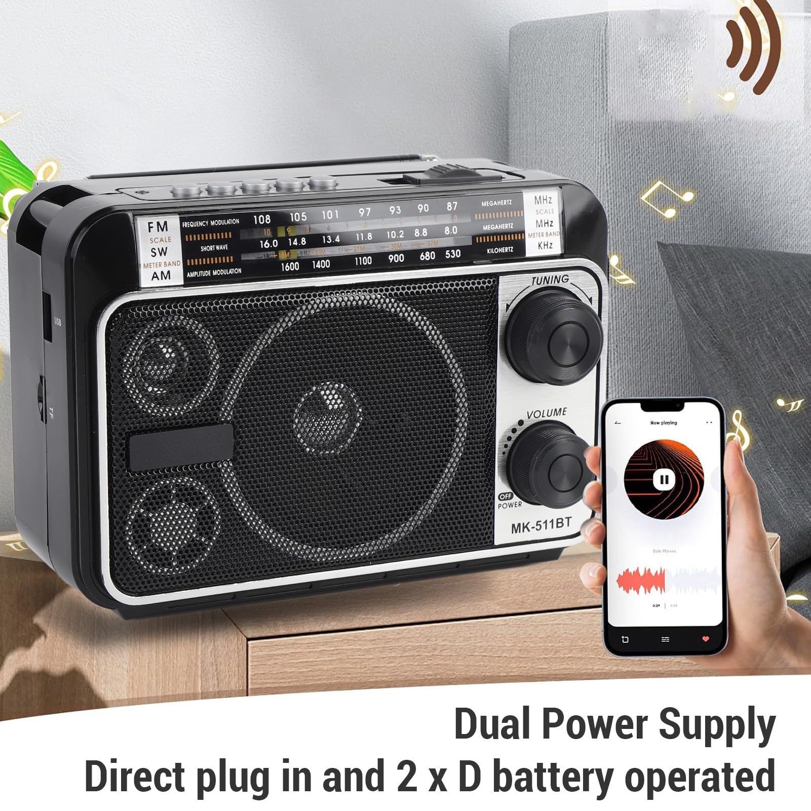 Przenośne Radio FM AM SW z BT, Głośnikiem Vintage Retro, USB/SD, Teleskopową Anteną, do Podróży i Domu, Wtyczka UE