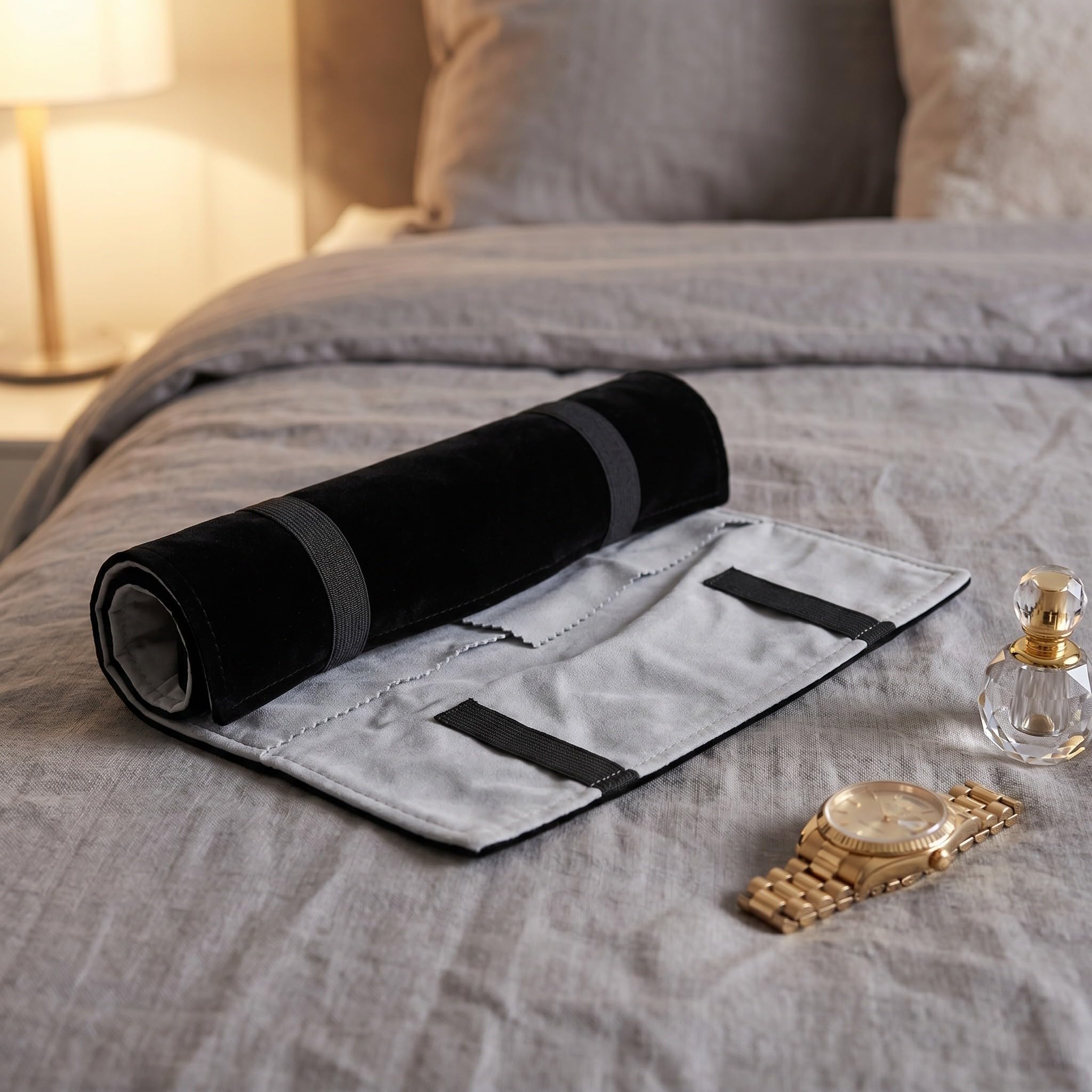 Estuche enrollable de terciopelo para joyas: pequeño organizador de viaje para pulseras y pendientes - Estuche enrollable pequeño para empacar para las vacaciones