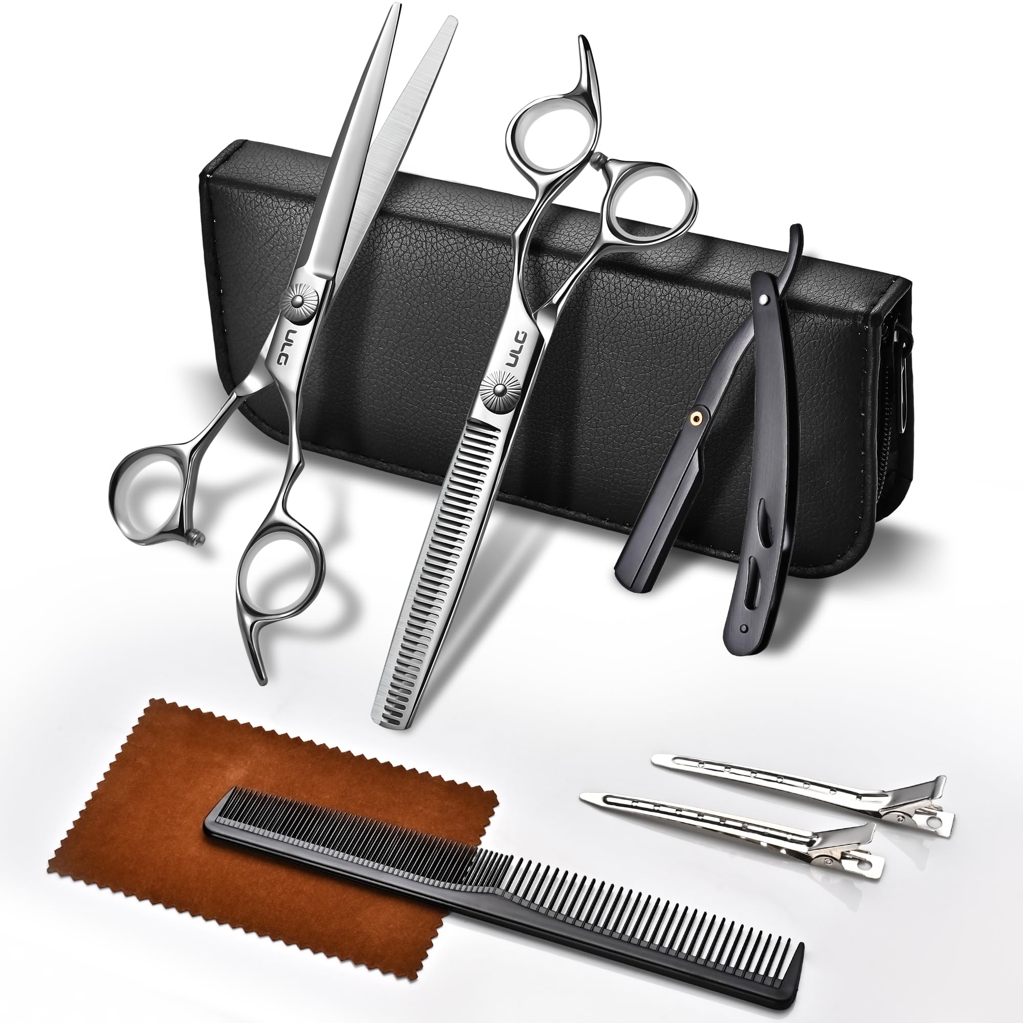 ULG Hair Cutting Scissors Thinning Shears Kit Professional Barber Hairdressing Texturizing Salon Razor Edge Scissor Stainless Steel 8Pcs - SilverMAX
