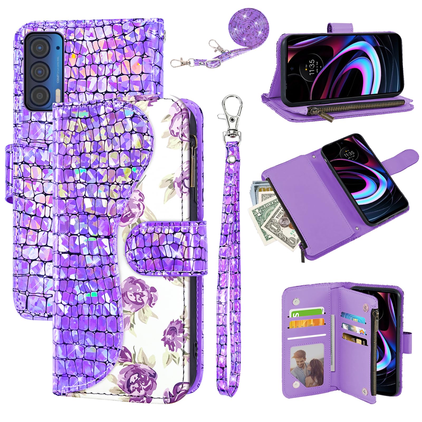 Dibosom Floral Wallet Case for Motorola Moto Edge 2021/MotoEdge 5G UW 2021 with Wrist Strap Shoulder Strap Flip Zipper Purse Card Holder,Stand Glitter