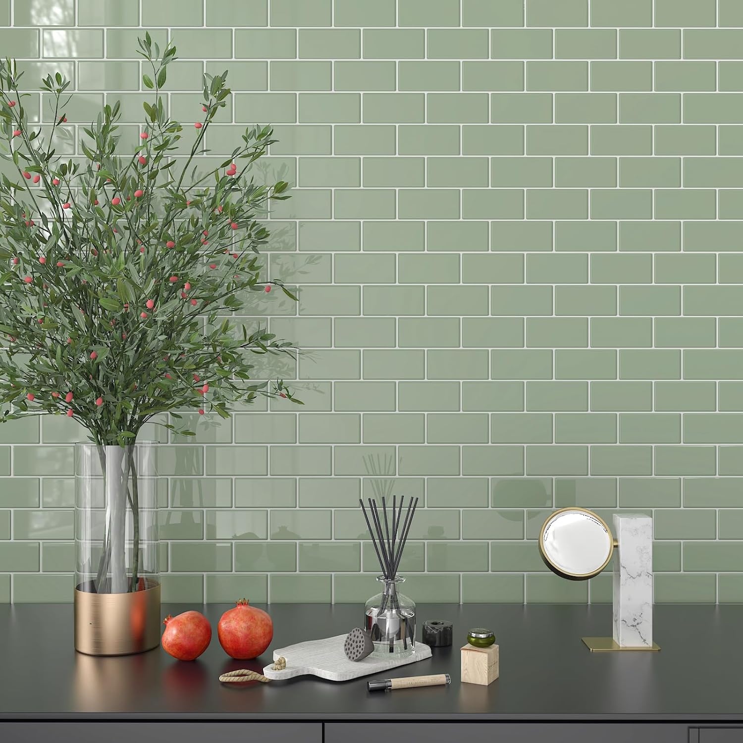 CHIHUT 12''x12'' Green Backsplash Tile Peel and Stick 6 Sheets Self Adhesive Waterproof Backsplash for Kitchen Bathroom Wall Removable Rectangular Stick on Back Splash Thick Vinyl Green Subway Tiles