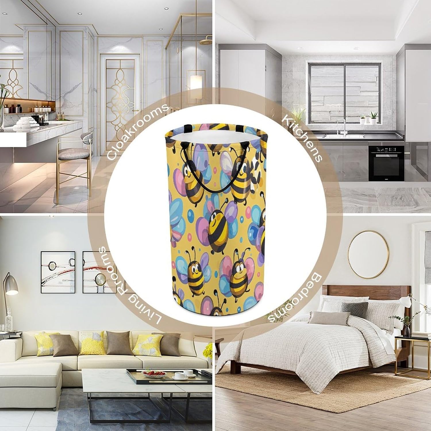 Cartoon Bee Pattern Laundry Hamper Fashion Dirty Laundry Hamper Portable Laundry Hampers with Handles Lightweight Large Clothes Storage Basket for Bedroom Bathroom