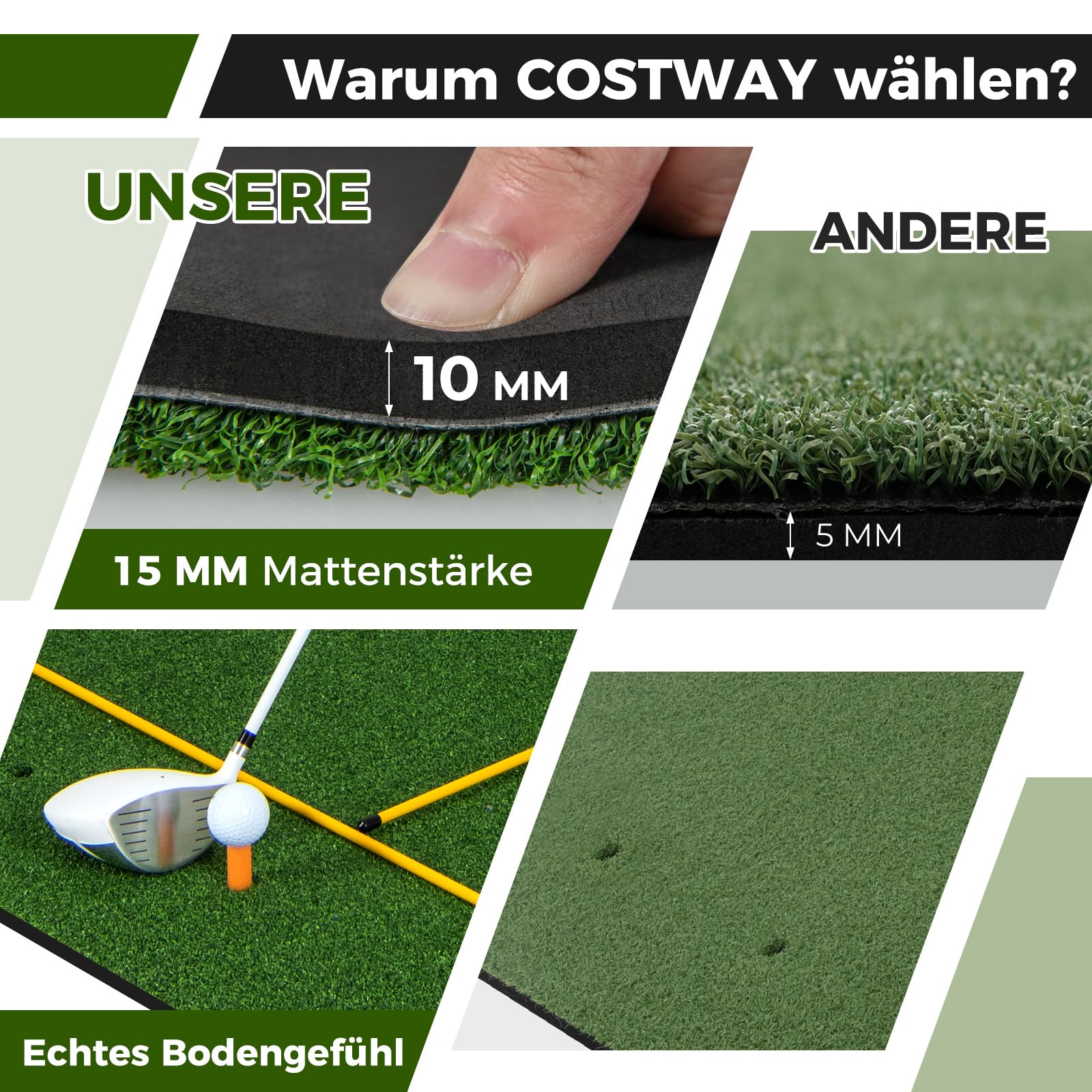 COSTWAY Mata do gry w golfa, mata do ćwiczeń, mata do golfa, w zestawie 2 gumowe teesy i 2 pręty wyrównujące i 6 pozycji, mata treningowa do golfa do użytku wewnątrz i na zewnątrz