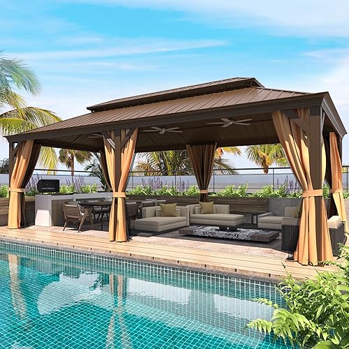 Miniatura 2 de MELLCOM Gazebo de aluminio de doble techo de acero galvanizado de 12 x 22 pies, con cortina y red, cenador permanente marrón con marco de aluminio