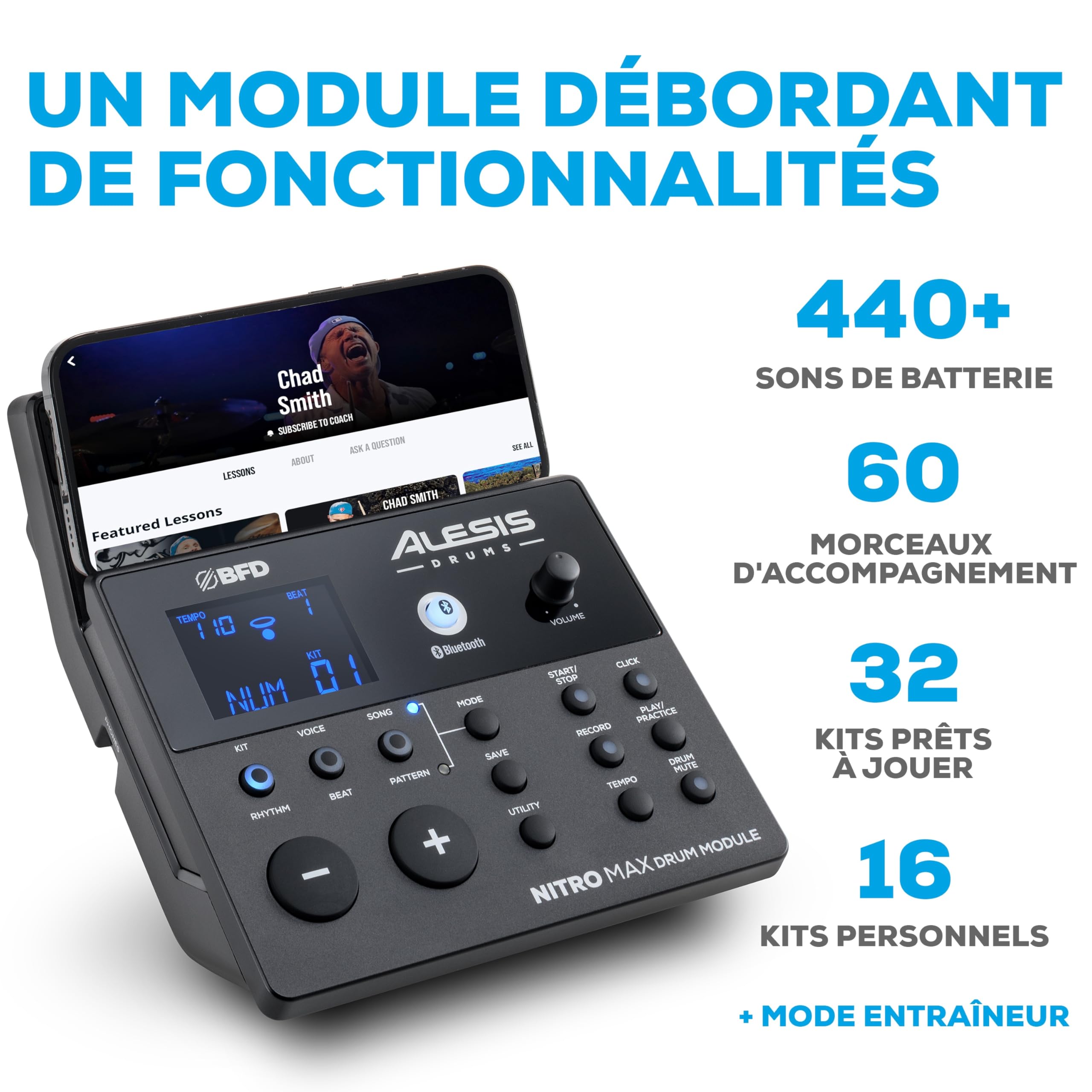 Alesis Nitro Max Kit Batterie Électronique avec Pads en Maille Silencieuse, Caisse Claire 10" Dual Zone, Bluetooth, 440+ Sons Authentiques, Drumeo, USB MIDI, Pédale de Kick