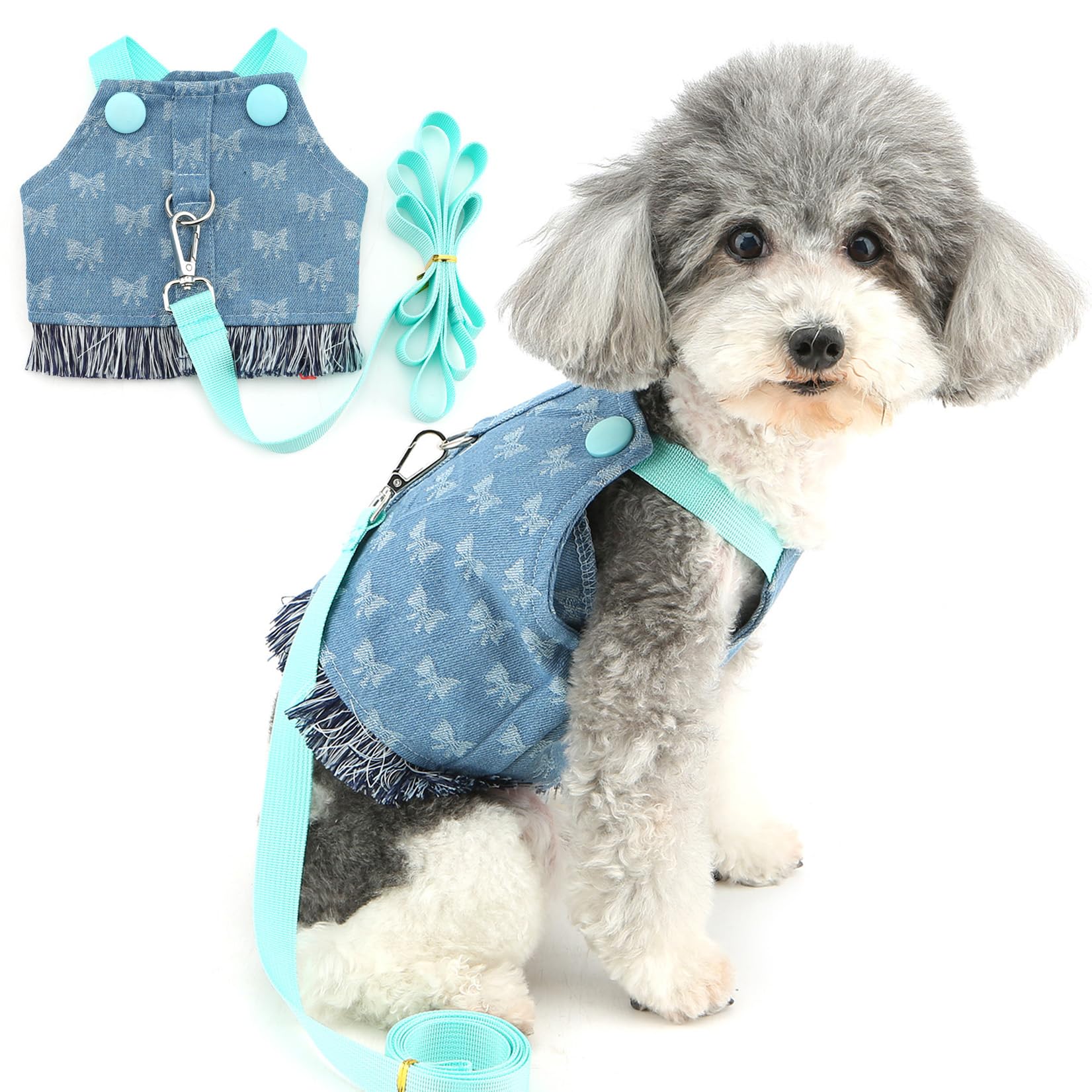 Zunea Denim Dog Dresses Harnesses and Leash Set for Small Dogs Cute Bowknot Puppy Girl Vest Harness No Pull Soft Jean Chihuahua Toy Poodle Jacket Clothes Pet Apparel for Doggy Yorkie Lightblue L