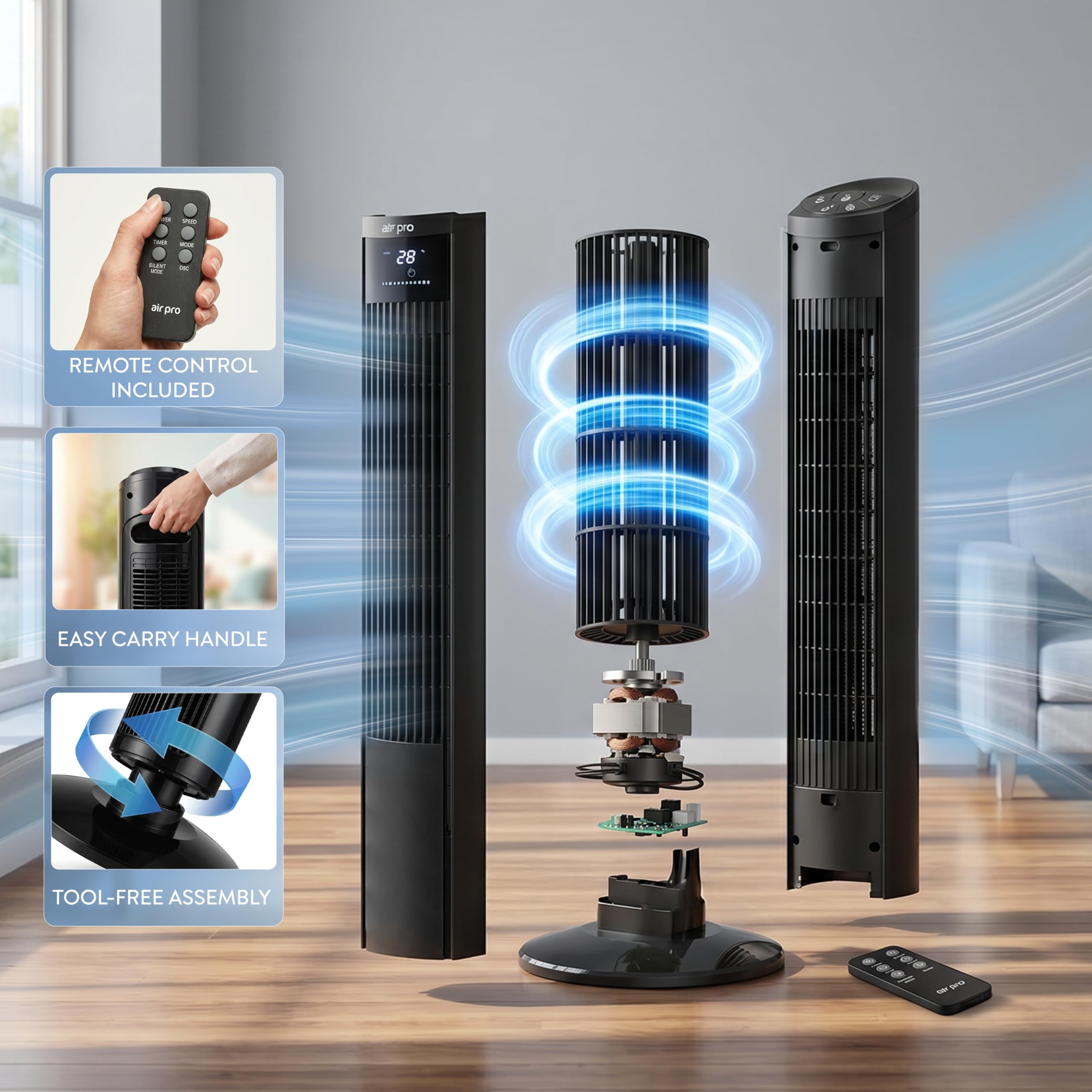 Air Pro 48" Tower Fan Oscillating Bladeless Fan with Remote Control - Tall Compact 3 Speeds Quiet 55W Motor Cooling Fan - Floor Standing Fan for Home Office - LED Display 15 Hour Timer