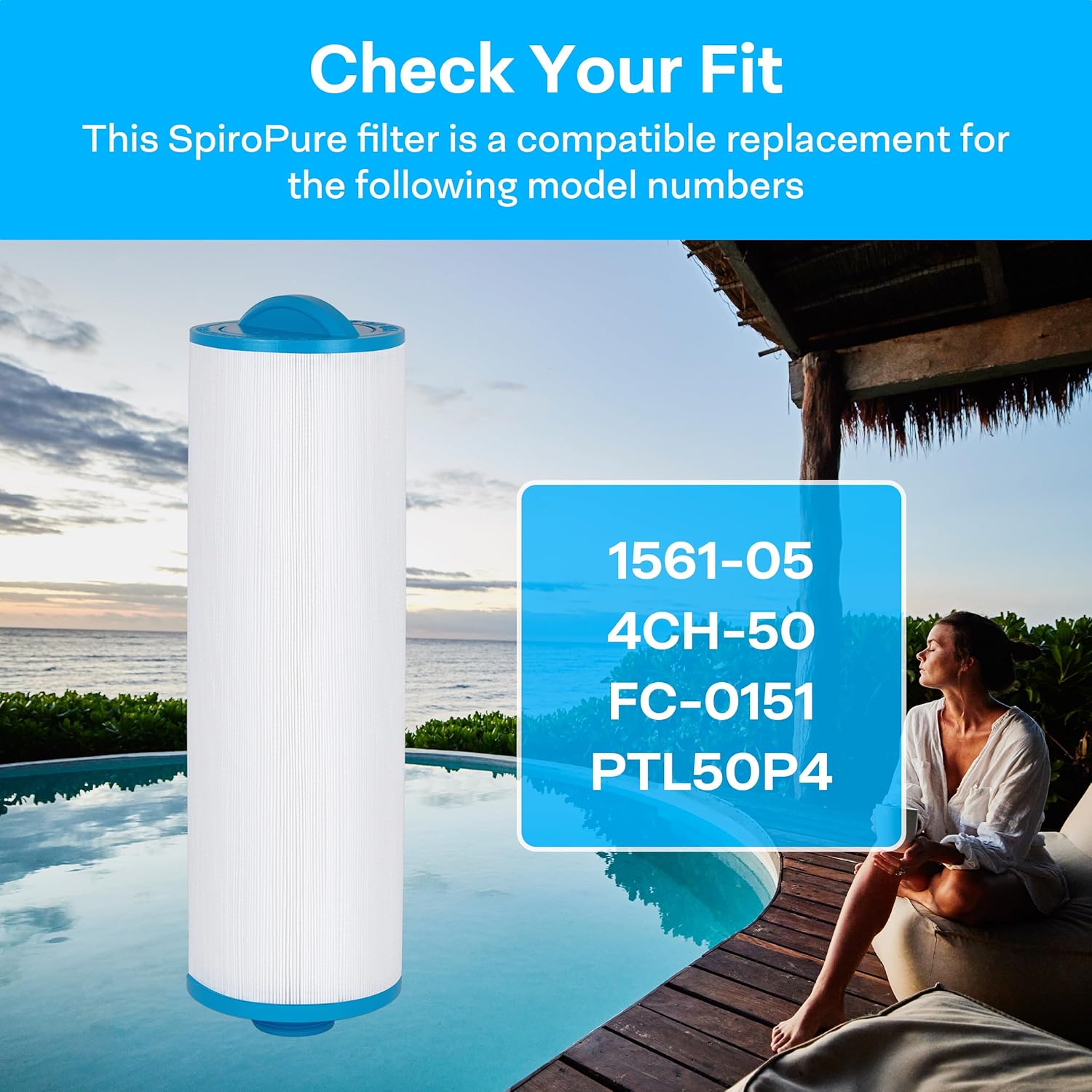 SpiroPure Replacement for Unicel 4CH-50 Filbur FC-0151 Pleatco PTL50P4 Dimension One 1561-05 50 sqft Top Load Hot Tub Spa Pool Replacement Cartridge