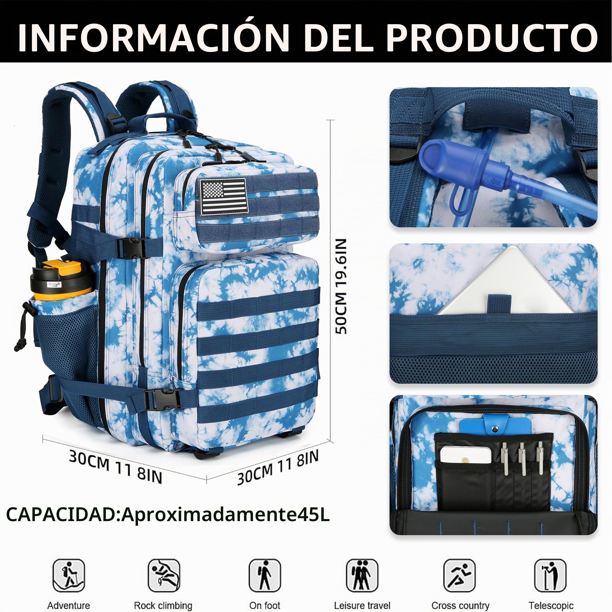 Lovelinks21, Mochila táctica de asalto con sistema de fijación modular Molle, mochila impermeable de 45 litros para 3 días, Azul Coral, L, Mochila