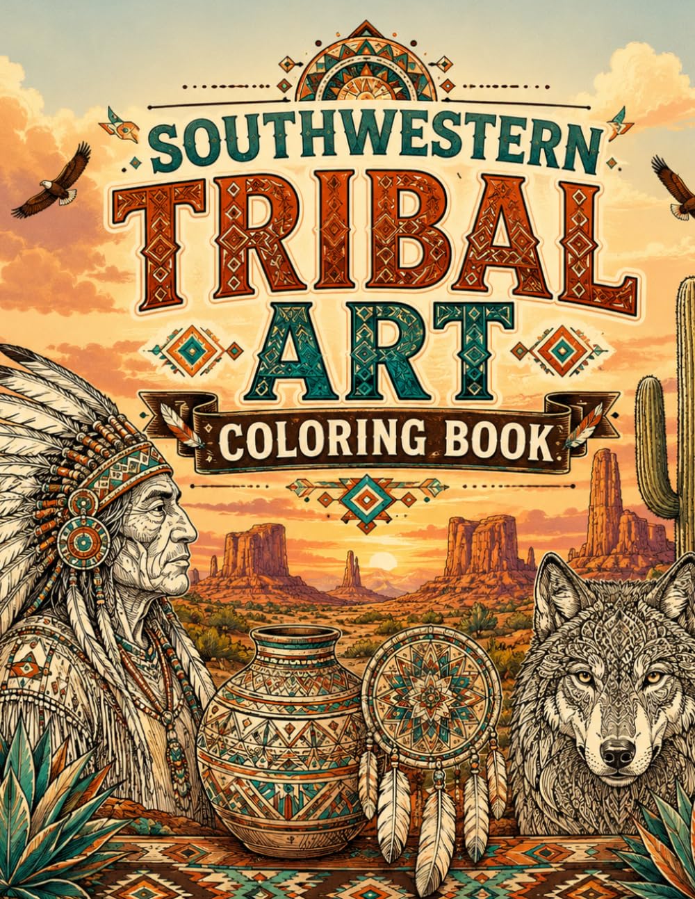 Southwestern Tribal Art Coloring Book: Decorative Patterns, Western Wildlife and Indigenous Portraits for Adults