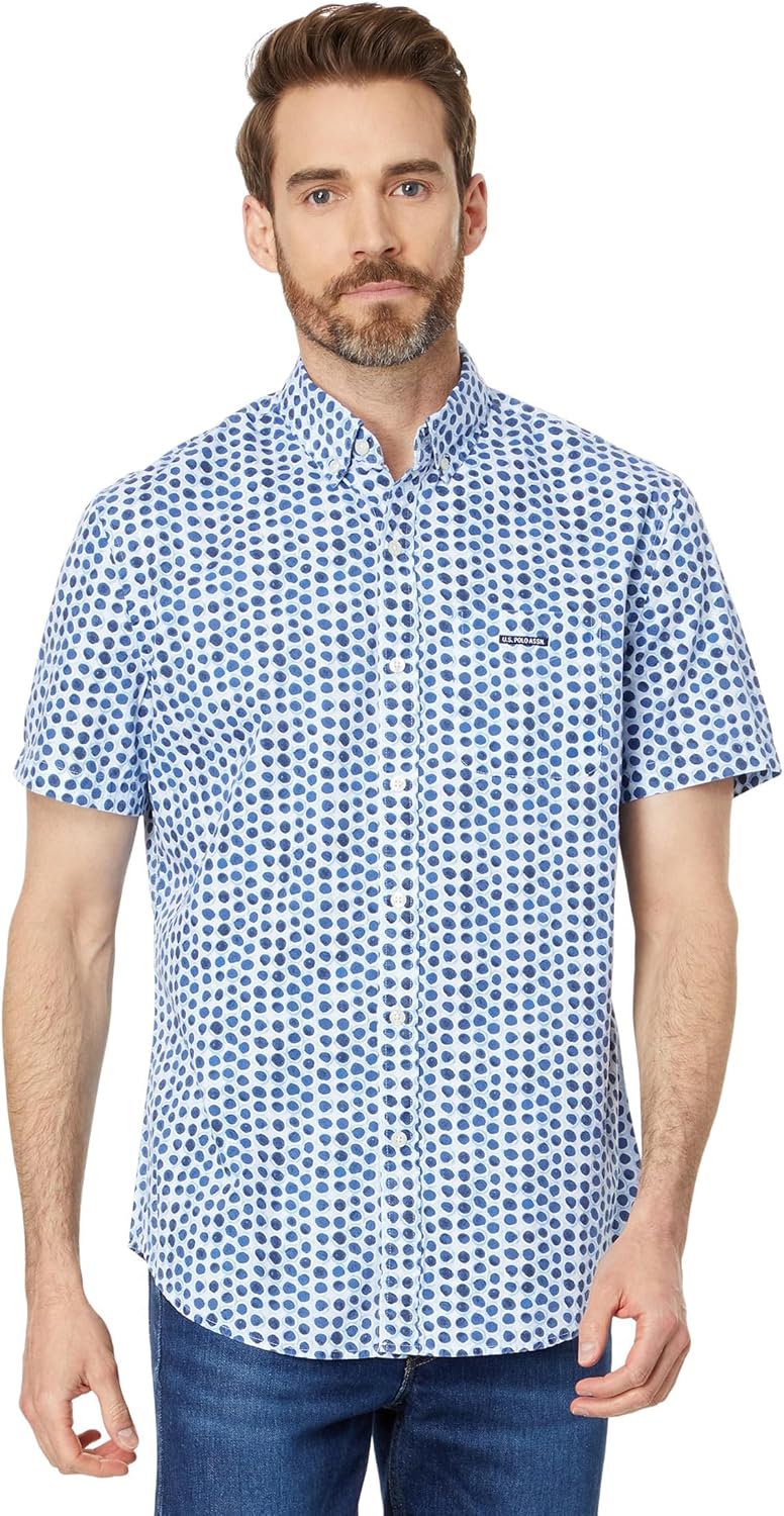 U.S. Polo ASSN. Mens Short Sleeve Classic Fit Discharged Bubble Print Poplin Woven Shirt