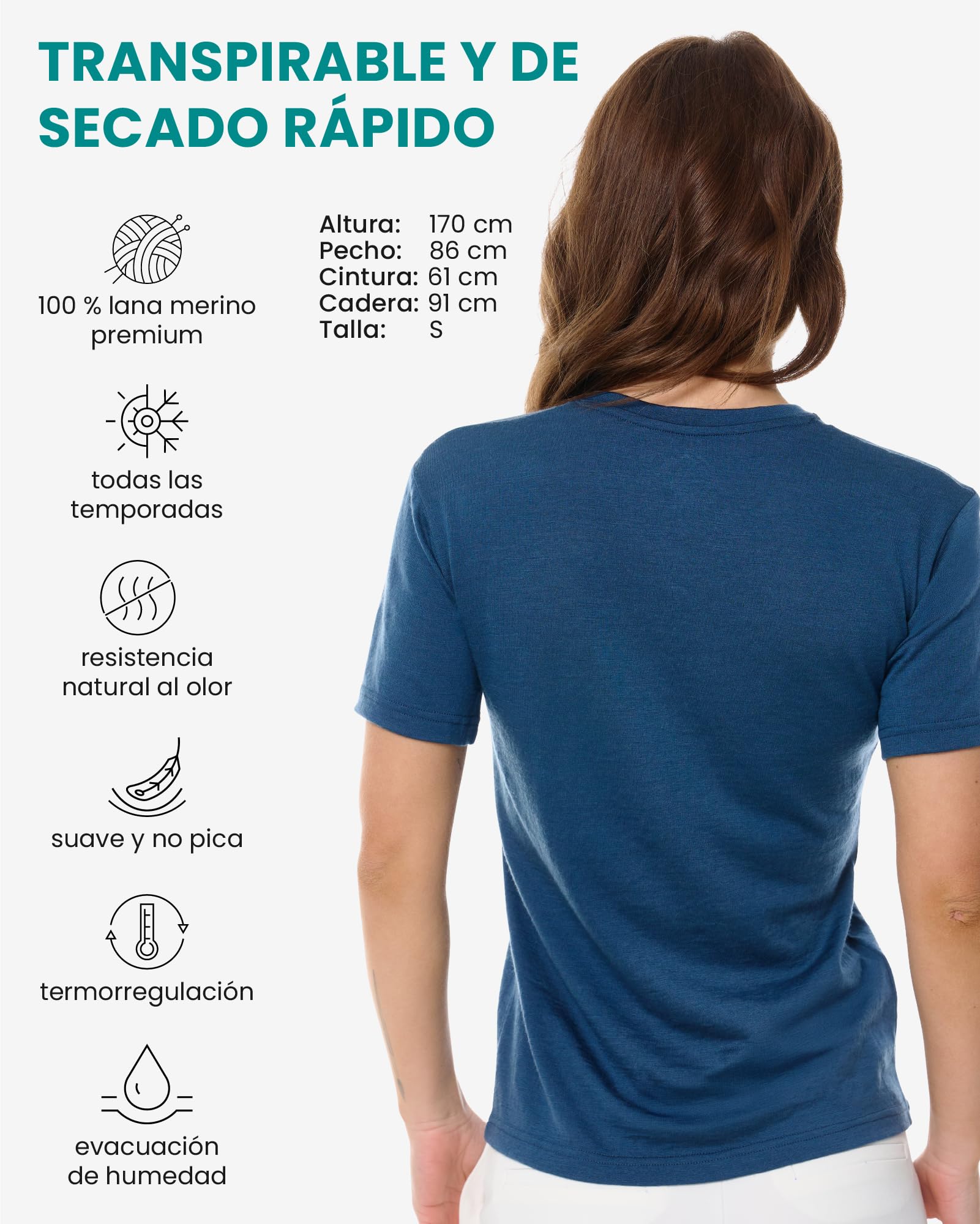 Merino.tech Camiseta Termica Lana Merino Mujer - Ropa Interior Base Layer 100% Lana Merino para Mujer (X-Large, Denim V-Neck)