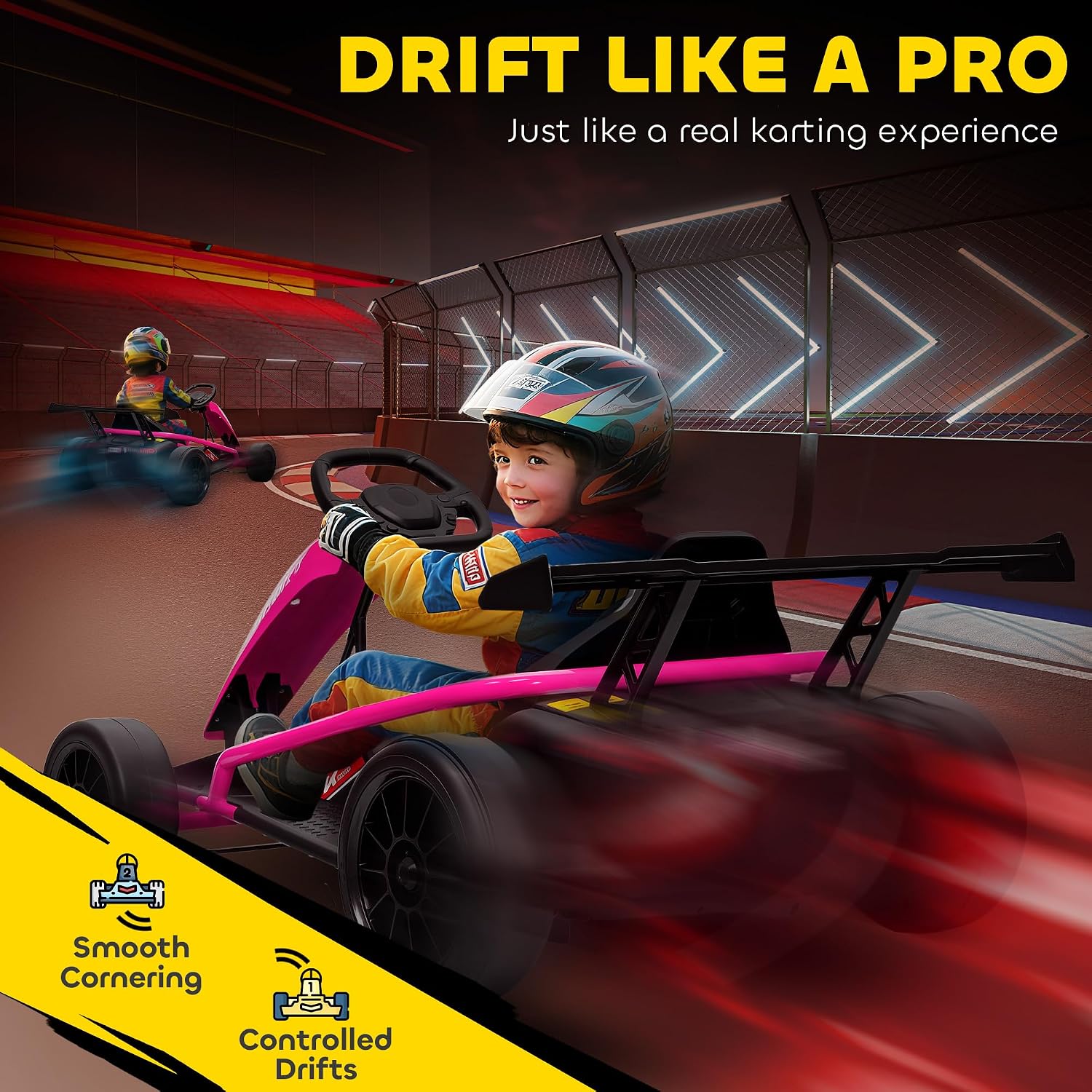Qaba 24V Electric Go Kart for Kids, 8.1 MPH Drift Kart with Dual Motors, Nylon Tires, Outdoor 7AH Battery Powered Ride on Toy with Soft Start, Safety Belt, Horn and Music for Kids 8-12 Years, Pink