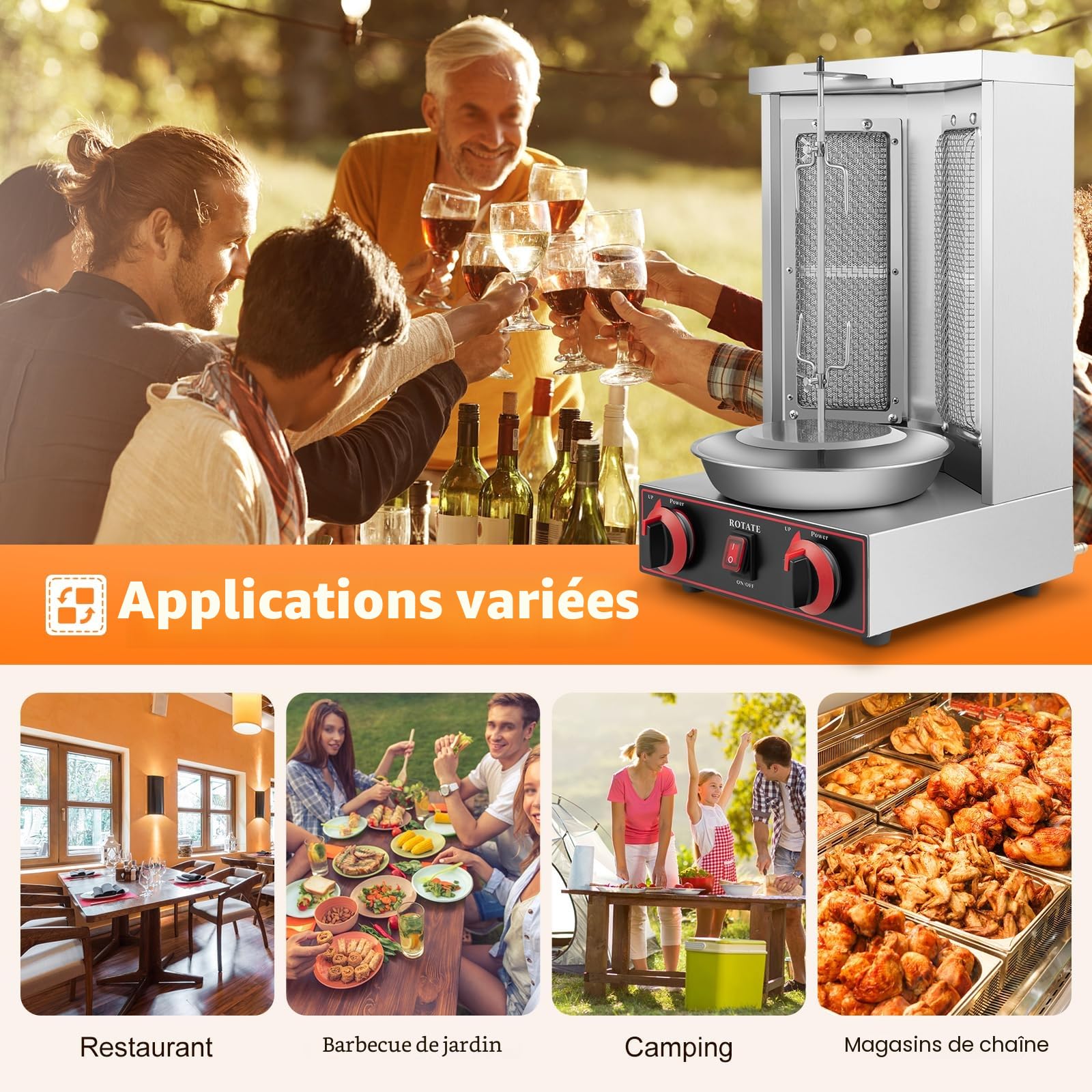 Rôtissoire à poulet verticale gaz 3000 W inox - avec broche kebab - machine kebab professionnelle pour poulet, dinde, tacos - pour hôtels, restaurants et fast-food