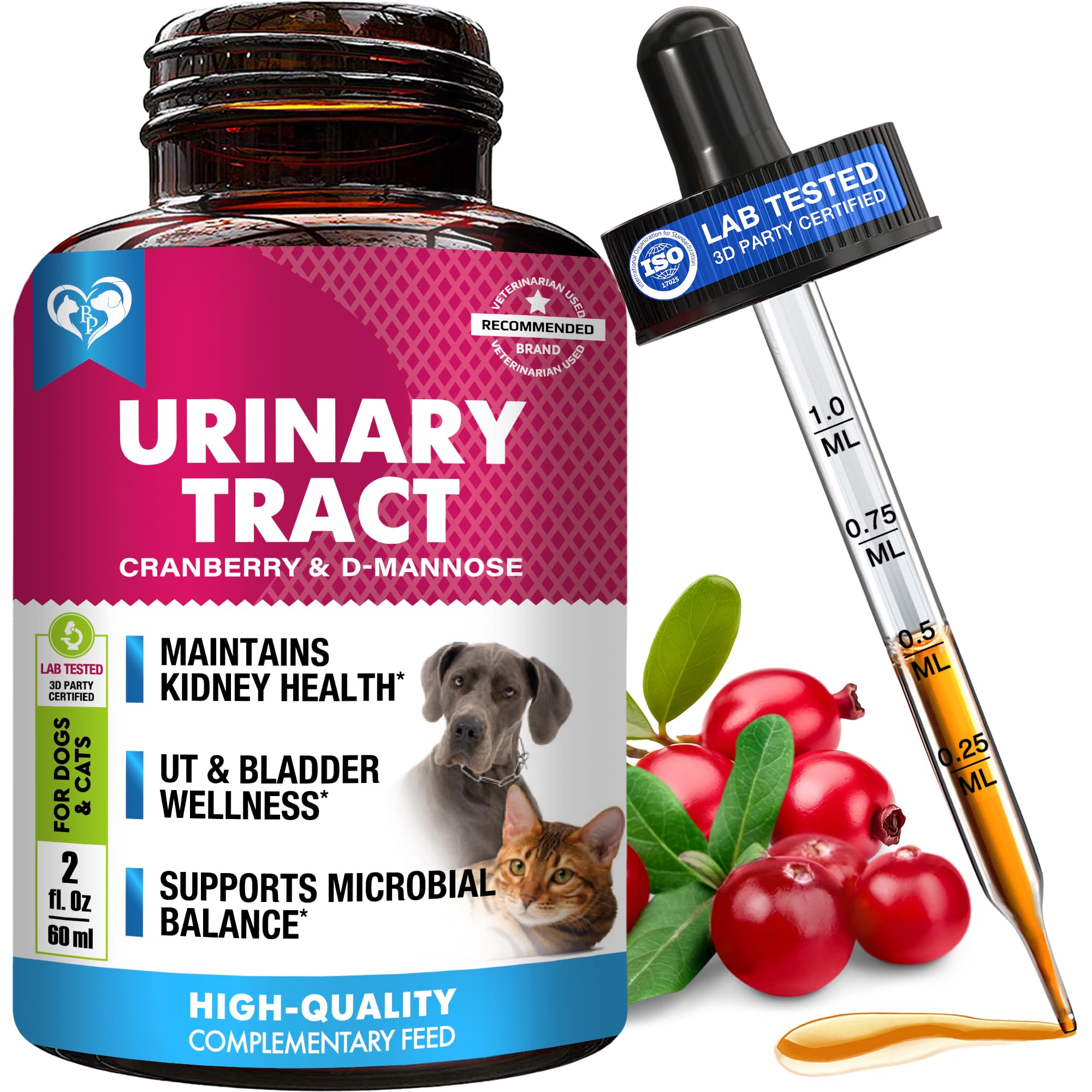Cat & Dog Urinary Infection Treatment - Natural UTI Support with Cranberry & D-Mannose -Supports Normal Tract & Bladder Function, Detox & Comfortable Urination - Herbal Drops for Pets (60 mL)