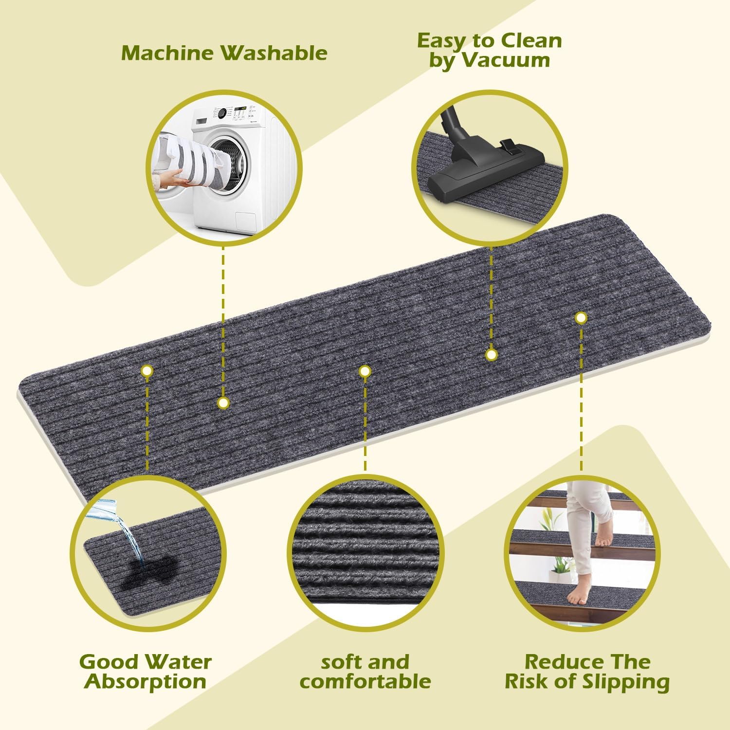 Stair Treads Non-Slip 16 Pack 8"x30" - Carpet Stair Runner for Indoor Wooden Steps with TPE Backing & Anti-Skid Surface, Reusable Adhesive Safety Rug for Kids/Elder/Pet-Friendly - Grey