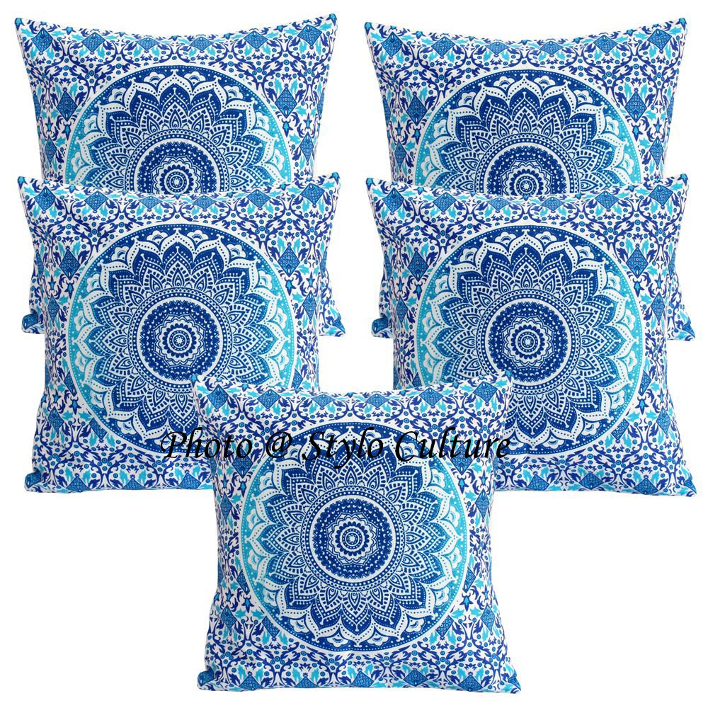 Stylo Culture Ethnic Throw Pillows Cases Scatter Cushions Blue Printed Floral Throw Pillows Cushion Cover Cotton Square Traditional Mandala Ombre 40x40 cm Cushion Covers (Set of 5 Pcs)