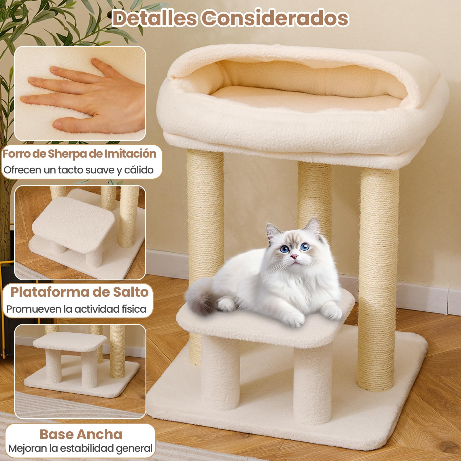 COSTWAY Árbol Rascador para Gatos, 61 cm Torre para Gato con Cómoda Cama y Manta de Peluche, 3 Postes Rascador de Sisal, Plataforma Acolchada, Árbol Gatos Pequeño, Ahorrar Espacio, Blanco