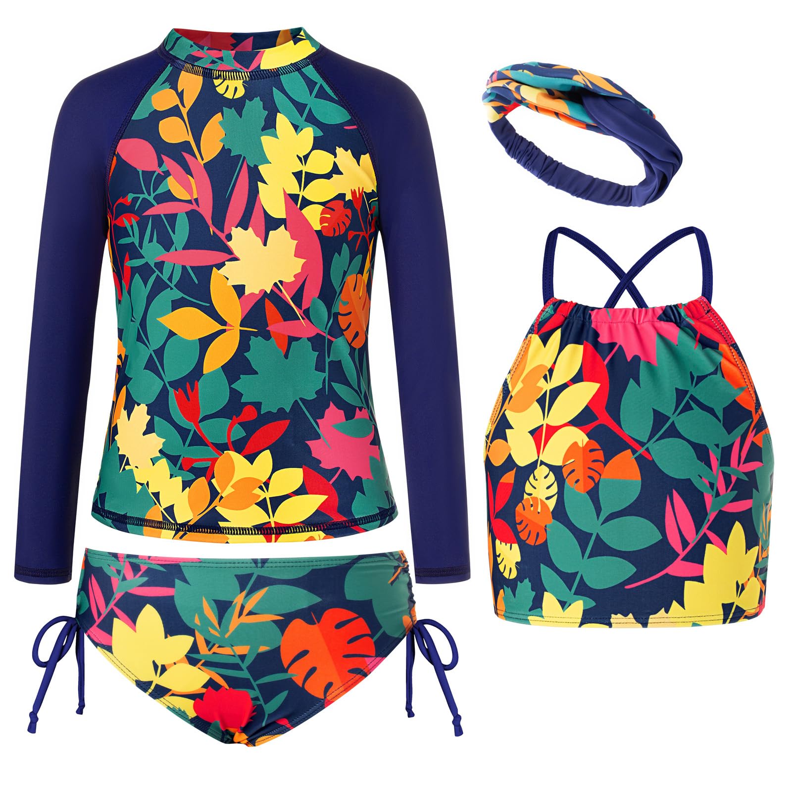 GRACE KARIN Girls Swimsuit Tankini Set Rash Guard Long Sleeve Swimsuit 4 Piece Bathing Suit Swimwear 5-14Y