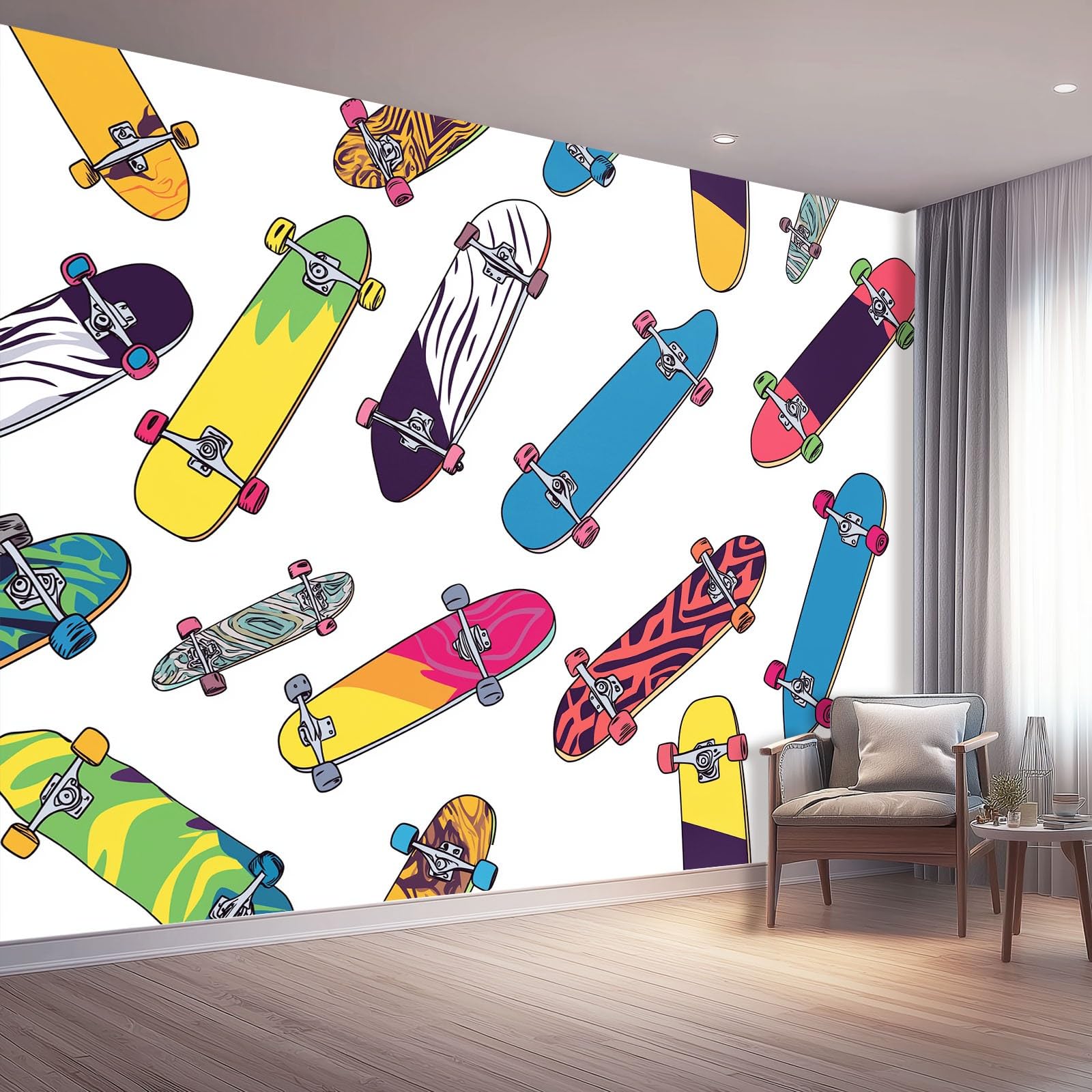 Tapeta 300 x 210 cm, kreskówkowy wzór deskorolki, dekoracja z włókniny do pokoju dziecięcego i ściany TV, kolorowa
