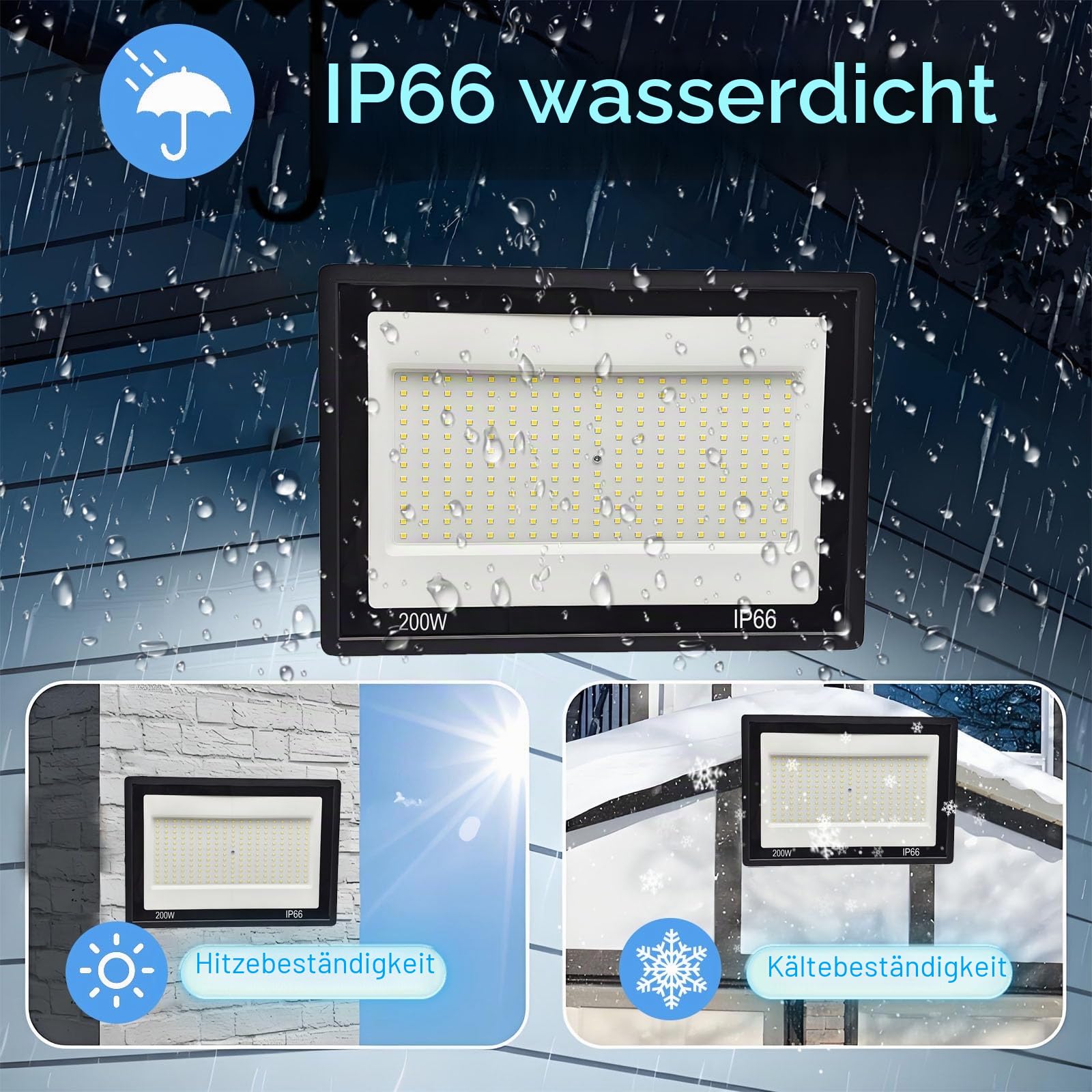 2 Stück LED Strahler Außen 200W, 1M Kabel 6500K Kühlweiß 20000LM LED Scheinwerfer, Strahler Außen IP66 Wasserdicht, für Gärten, Terrassen, Höfe, Balkone, Parks, Garagen, Fabriken, Quadrat