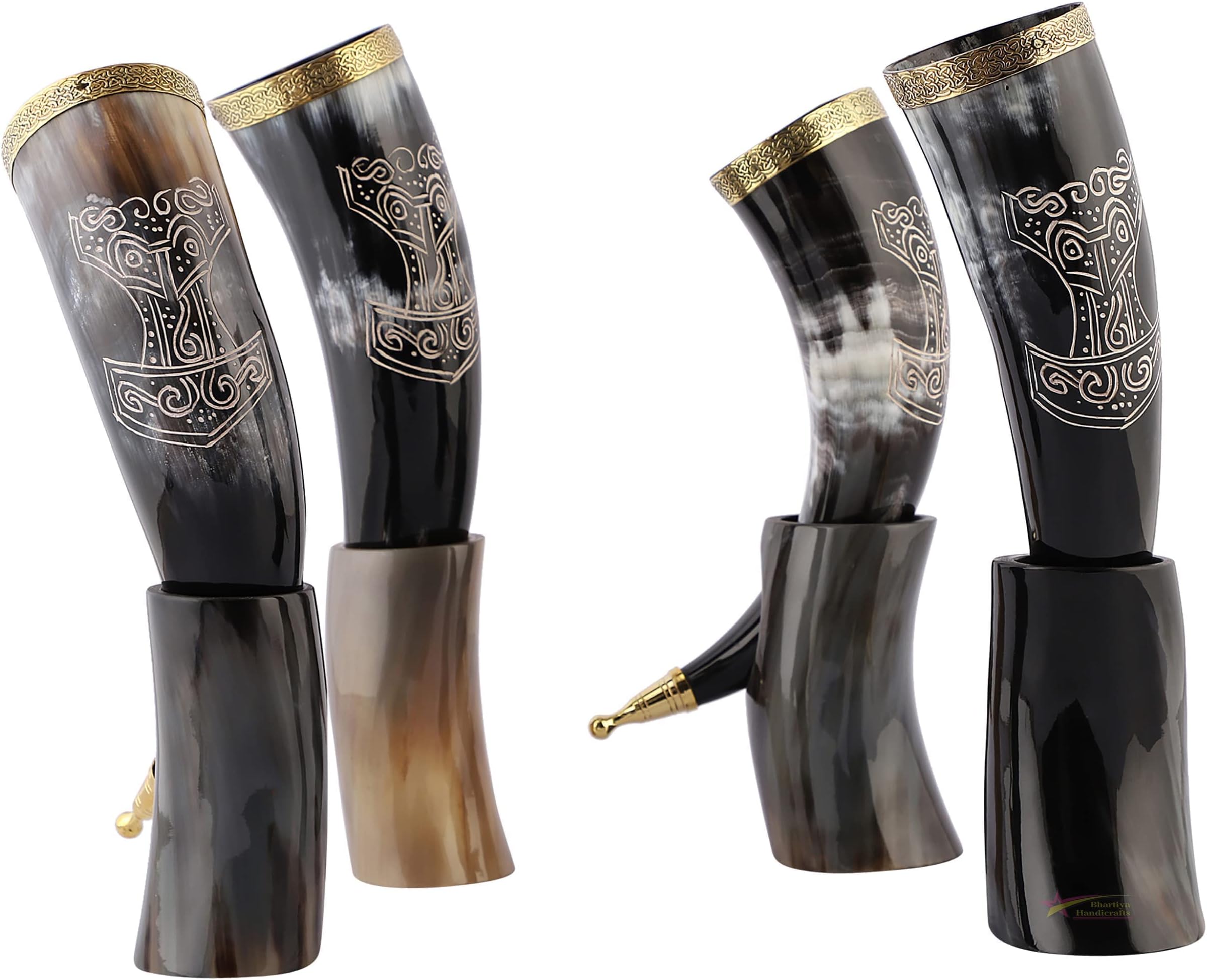 Viking Drinking Horn Mug with Stand – Handmade Natural Horn Cup, Thor Hammer Carved, Polished with Brass Trim – Medieval Norse Beer Mug Gift for Men