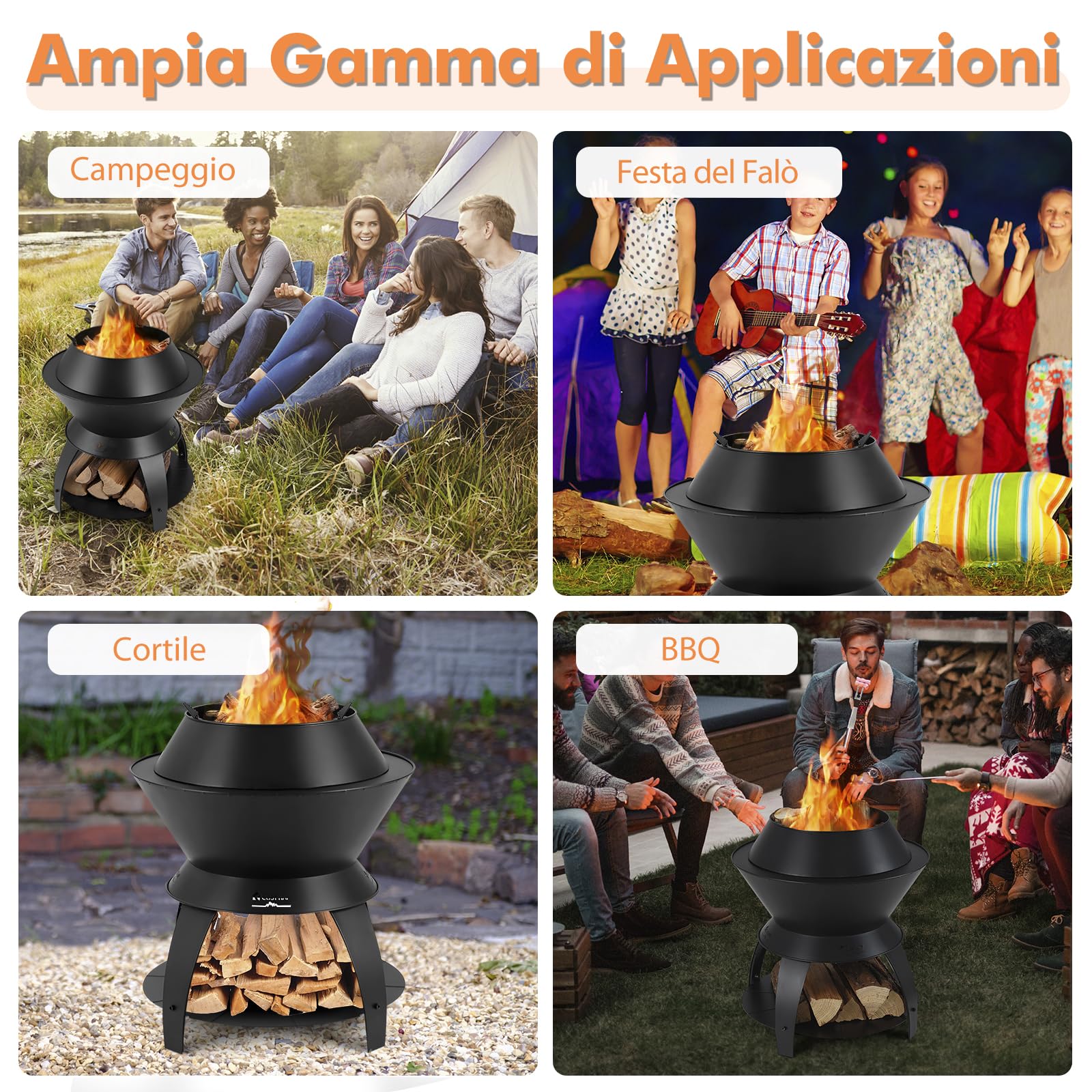 GYMAX Focolare per Esterni Senza Fumo da 50 cm, con Vassoio per Cenere e Anello per Pentola Rimovibile, Braciere da Giardino Campeggio 3 in 1 per Barbecue Cortile