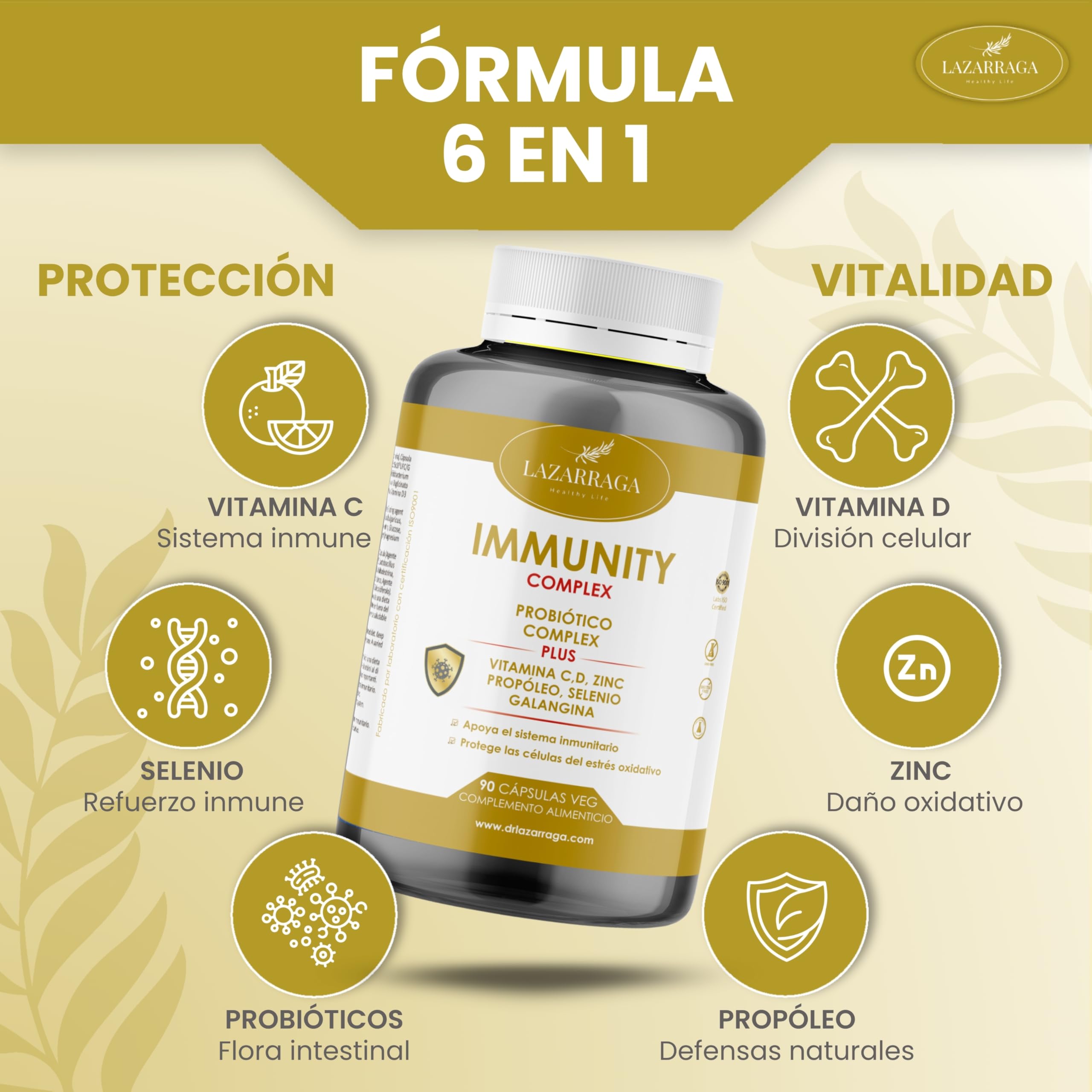 IMMUNITY DEFENSAS COMPLEX 6 EN 1 con Vitamina C + Vitamina D + Propóleo + Zinc + Selenio + Probióticos y Prebióticos + Galangina | Apoya el Sistema Inmunológico l Cápsulas Veganas (90)