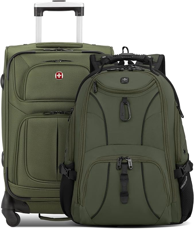 SWISSGEAR Sion Juego de viaje de 2 piezas, Spinner de mano expandible Softside incluido con mochila para computadora portátil 1900 ScanSmart de 17" con bloqueo RFID y organización tecnológica, Evergreen