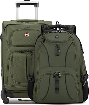 SwissGear Sion Softside Expandable Spinner Luggage Durable Lightweight Travel Suitcase, Evergreen, 2-Piece Set Carry-On/Backpack