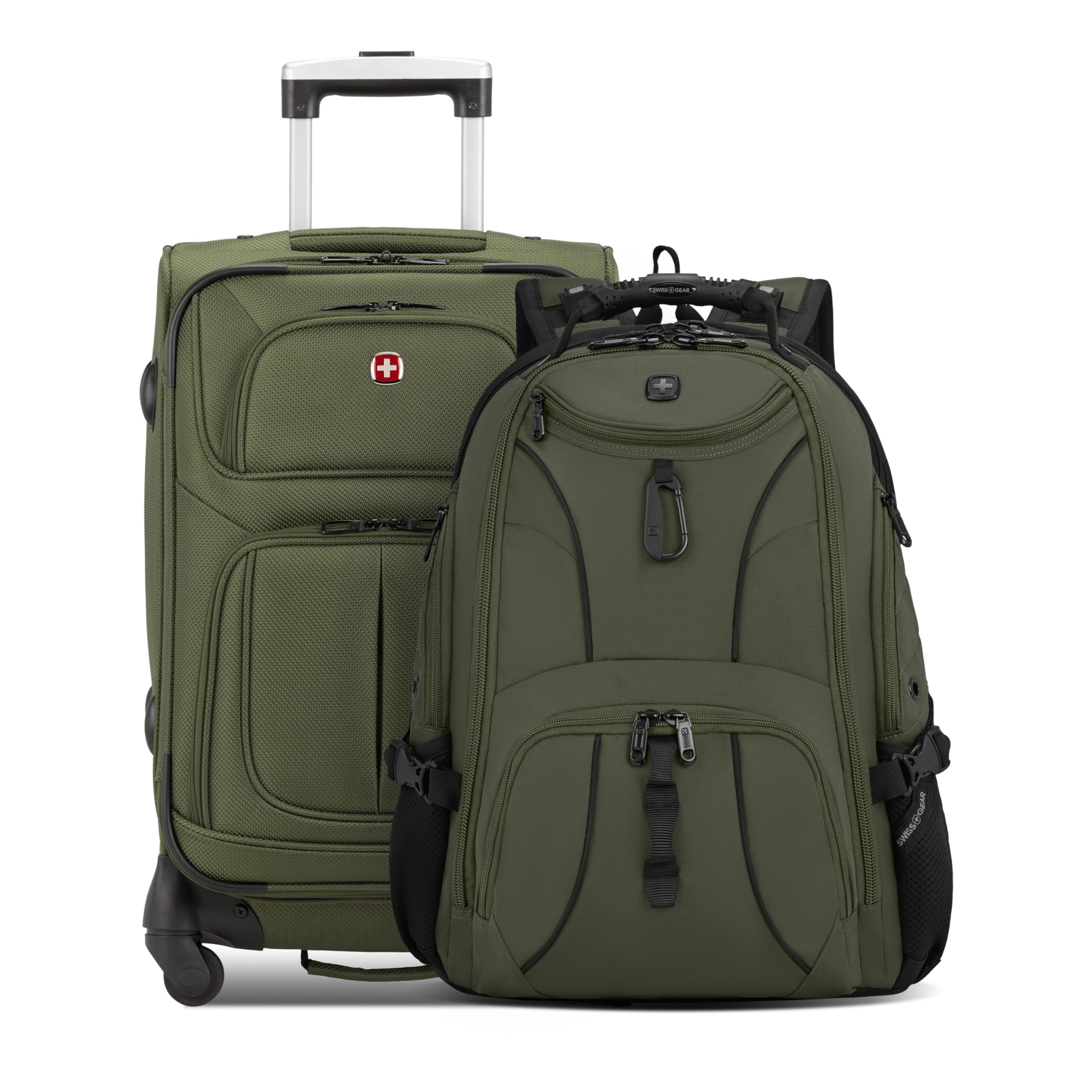 Sion 2-Piece Travel Set, Softside Expandable Carry-On Spinner Bundled with 1900 ScanSmart 17" Laptop Backpack with RFID Blocking & Tech Organization, Evergreen