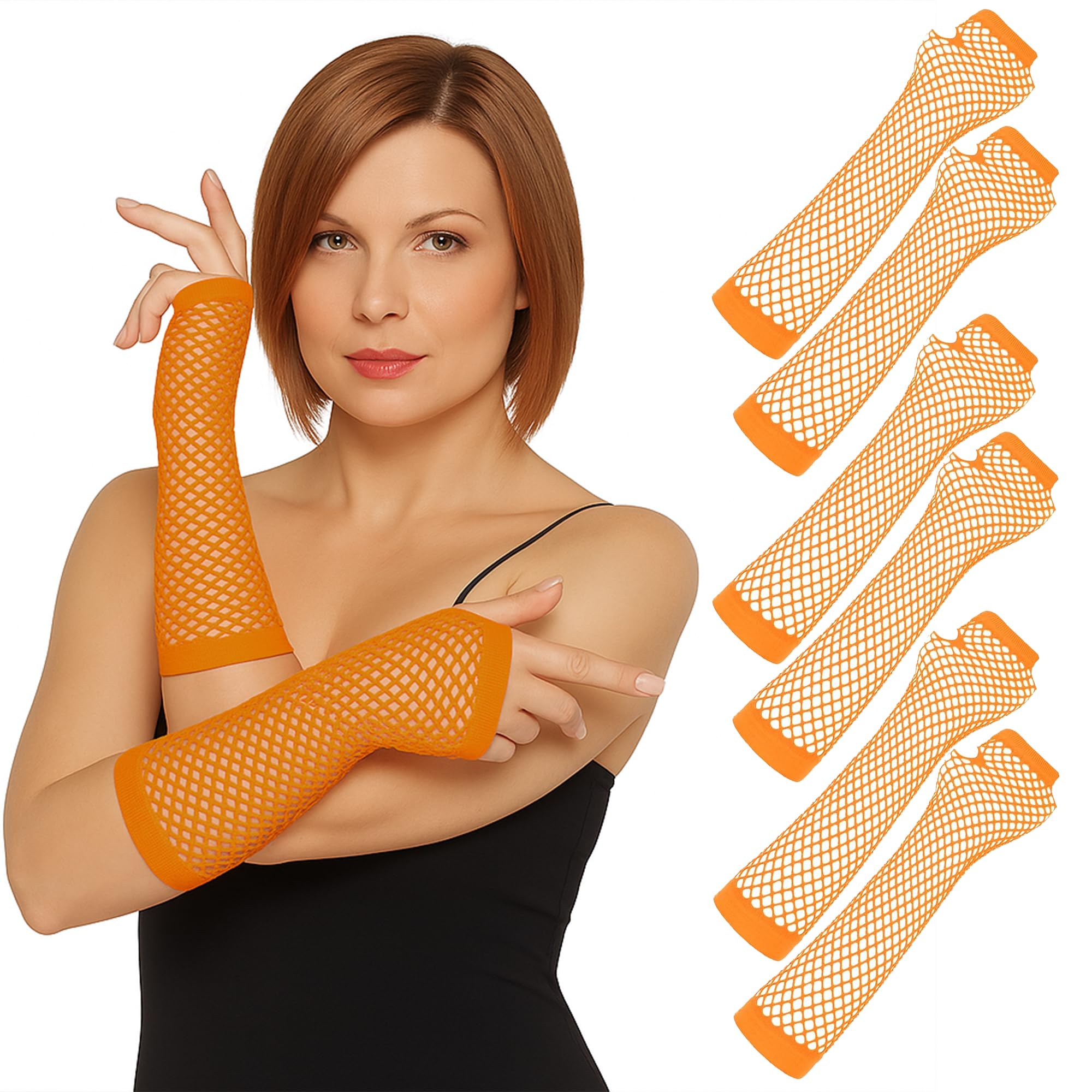 The Fancy Dress 3 Pairs Neon Lace Fingerless Fishnet Gloves - 80s Retro Theme Party Fish Net Mesh Arm Sleeves For Disco Dance Halloween Costume Accessories, Orange