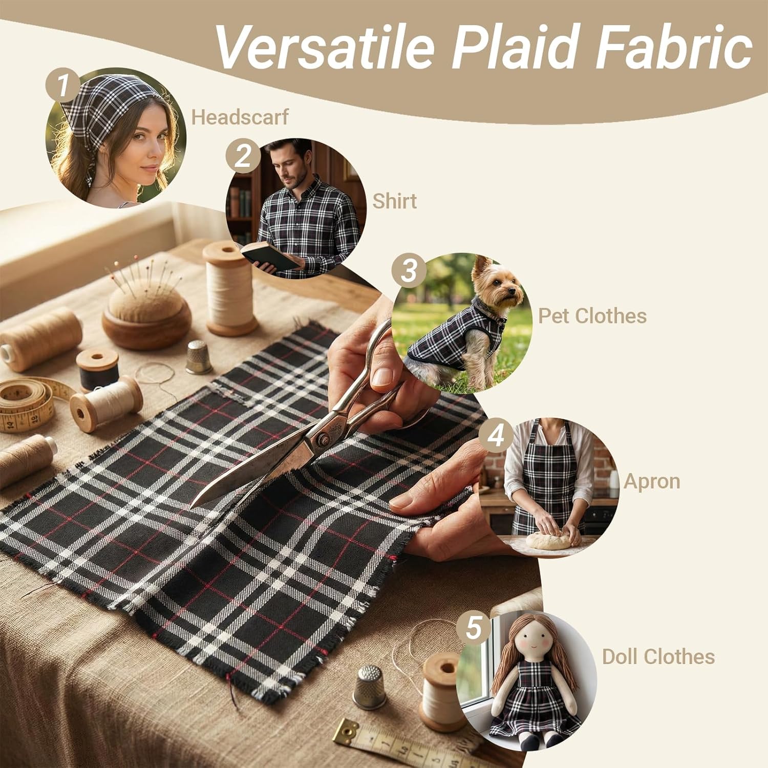 Q&J Fabric Co. 5 Yard x 57Inch Plaid Fabric,Gingham Fabric by the Yard, 4.42 oz/yd²,Checkered Cloth Tartan Poly-Cotton Material for Crafts,Quilting,Apparel,Tablecloths,DIY Decor (Black White)