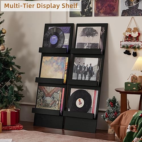 Miniatura 3 de LELELINKY Wall-Leaning Vinyl Record Holder with 3 Tier Display Shelf, 47.5'' Tall Record Storage Magazine Holder, Vinlys Stand Holder Holds Up to 15