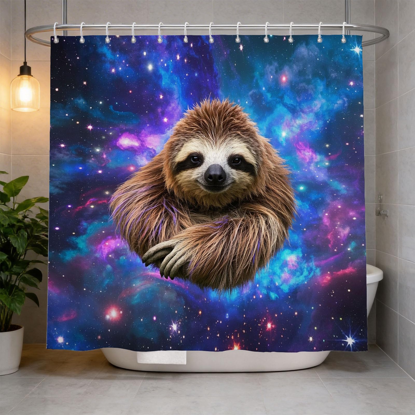 Hongduo White 3D Sloth Shower Curtain For Stalls Bathtubs Galaxy Bathroom Decor Shower Curtain Set Polyester Fabric Waterproof 200X200cm/79X79 Inch With Hooks