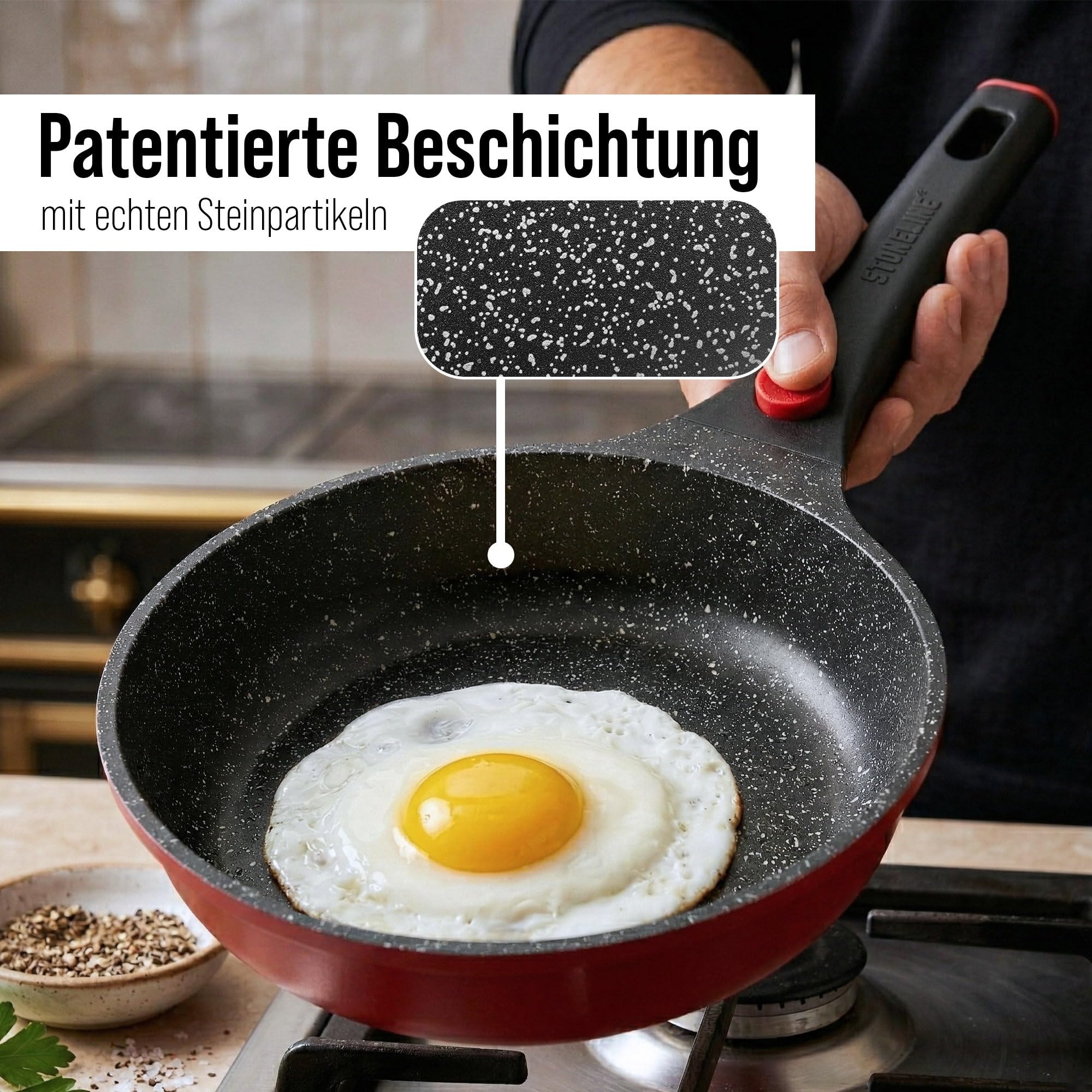 STONELINE SMART Pfannen Töpfe Set 8-teilig ☆ REDESIGN 25/26 ☆ Aluguss Topfset mit Deckel, Abnehmbarer Griff, Kochtopf Pfanne Induktion, Alle Herdarten, Antihaftbeschichtet Echte Steinpartikel, Rot