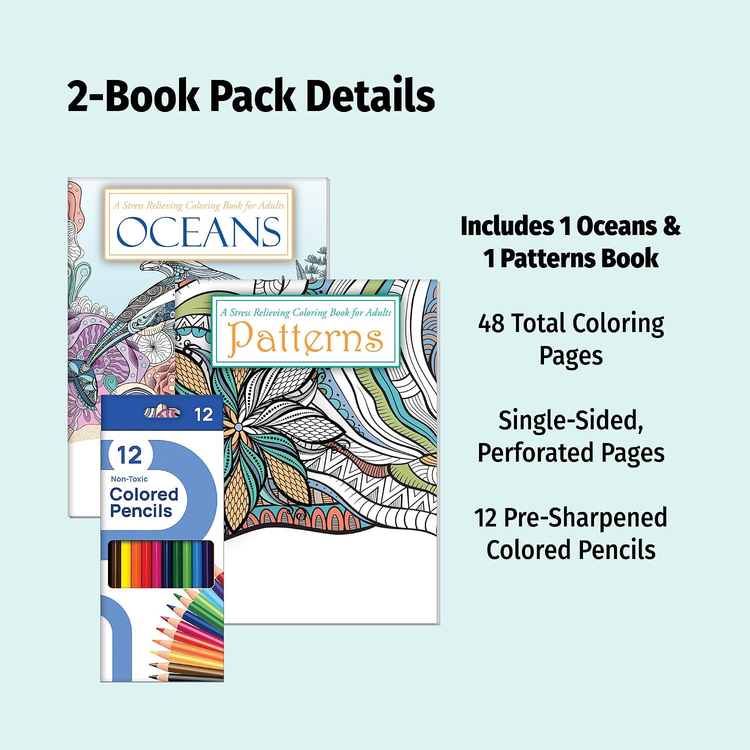 ZOCO – Adult Coloring Books with Colored Pencils (2-Pack Bundle) – Oceans and Patterns – for Mindfulness and Relaxation – Perfect for Women, Seniors & Teens