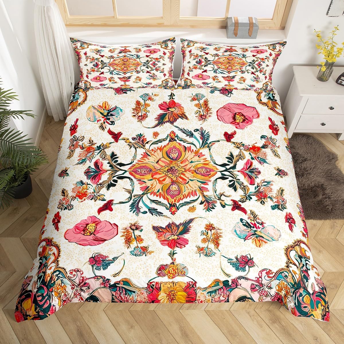 Erosebridal Exotic Floral Duvet Cover Queen, Boho Bedding Set, Bohemian Floral Exotic Tribal Comforter Cover, Abstract Gold Red Flowers Botanical Plant 3Pcs Quilt Cover for Girls