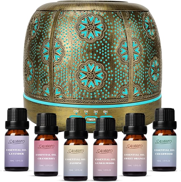 SALUBRITO 500ml Essential Oil Diffuser with Essential Oils Set, Metal Aromatherapy Diffuser for Home with Essential oils, Cool Mist Aroma Diffuser with 7 Colors Changing Light