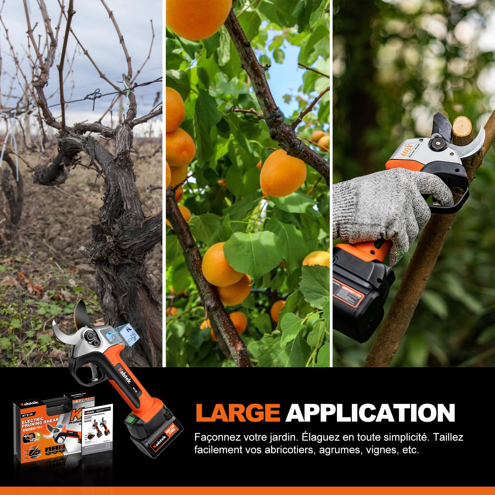 Kebtek Sécateur Électrique 35 mm - Professionnel Brushless Sécateur - 18V 500W - LCD Écran - SK5 Lame - 2 Batteries - Sécateur pour Vigne, le Cerisier, le Pommier (KT-E35)