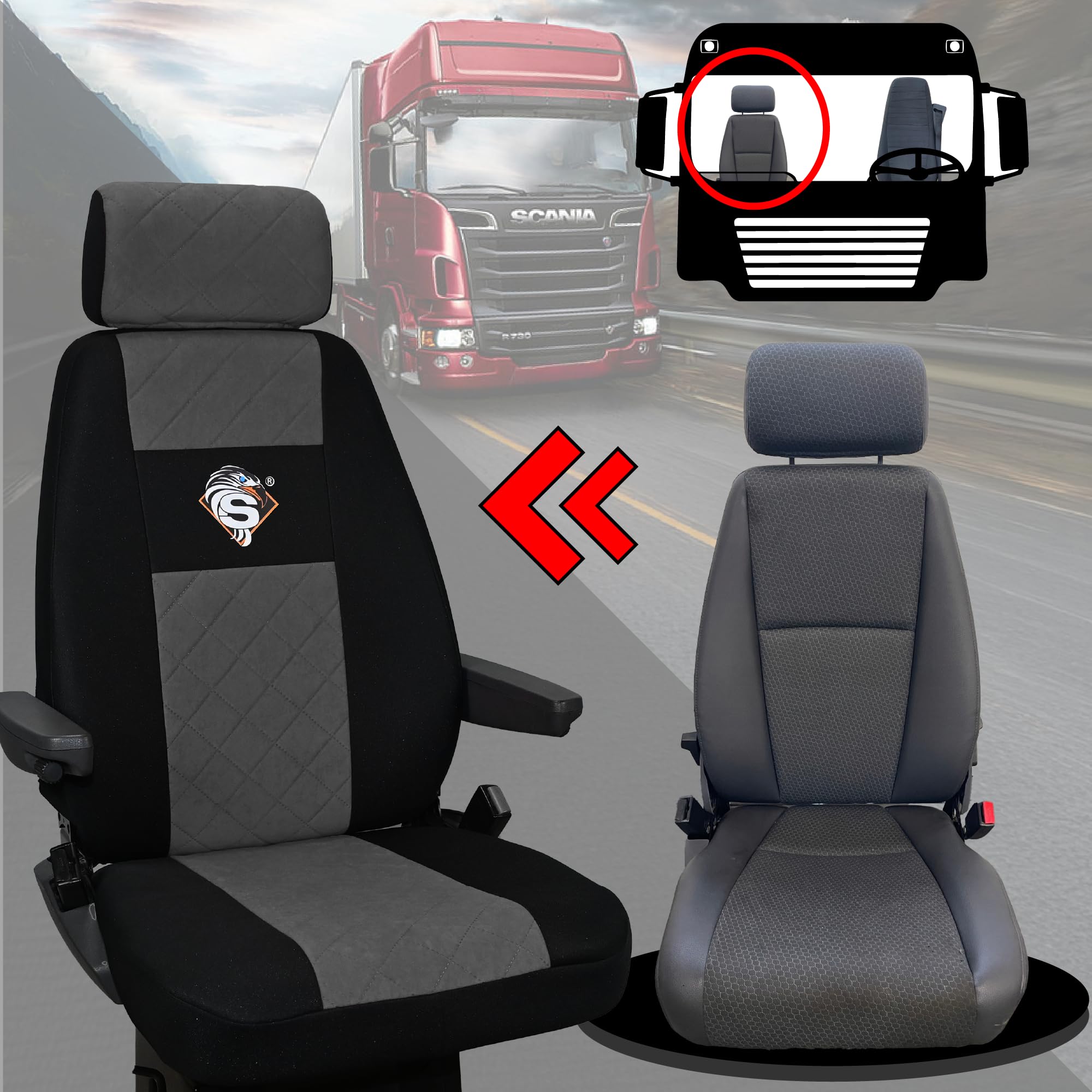 SABA Coprisedile per SCANIA Serie R dal 2004, 1+1, sedili vari, 1 cintura di sicurezza, sedile conducente BASE - CONFIGURAZIONE A Grigio Accessori di Protezione per Sedili di Camion