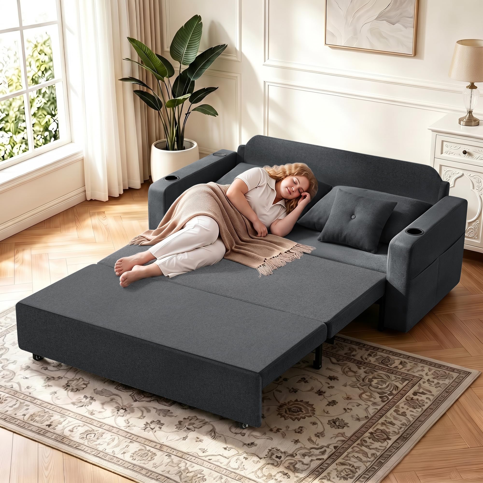 Krcix 3 in 1 Sofa Bed, 56" Pull Out Couch, Convertible Loveseat Sleeper | Sleeper Sofa with Cup Holder, Storage Pocket, USB, Family Couches for Living Room, Bedroom, Apartment, Dark Grey