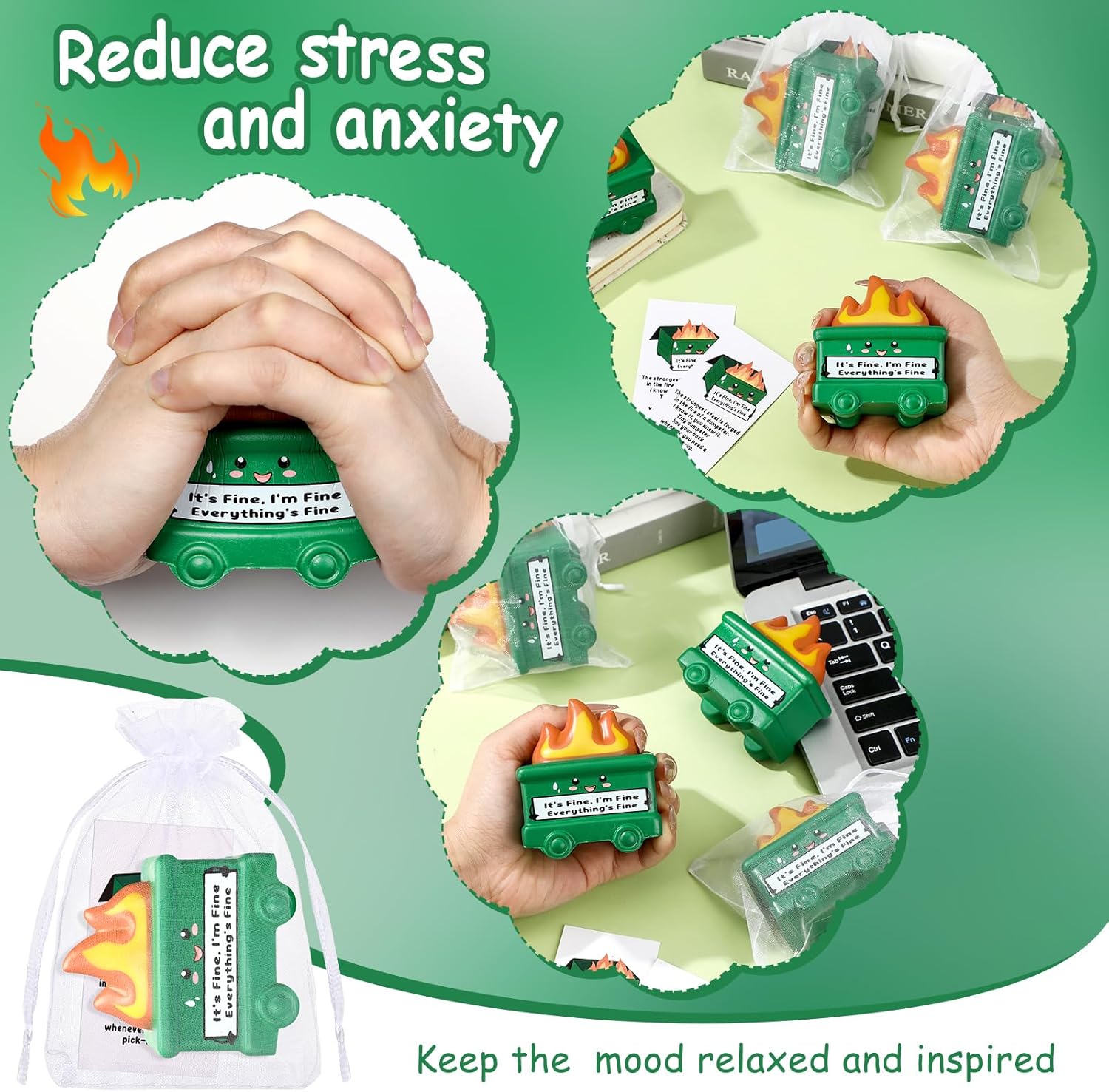 30 Set Mini Dumpster Stress Balls Bulk Back to School Relief Gifts Motivational Inspirational Stress Balls Squeeze Appreciation Gift for Adult Employee Coworkers Staff Volunteer (Green)