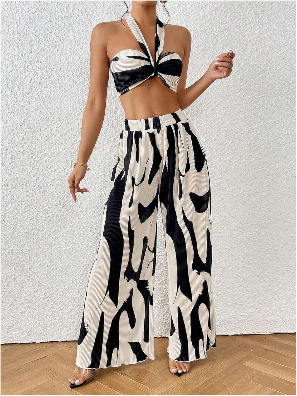 OYOANGLE Women's 2 Piece Vacation Outfits Graphic Print Knitted Crop Halter Top and Wide Leg Pants Set - Image 3